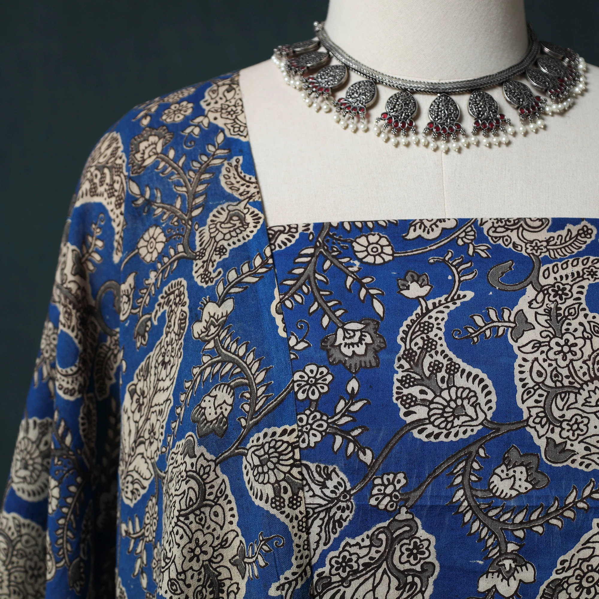 Blue - Kalamkari Printed Cotton 2pc Unstitched Dress Material Kurta Set 08 - Image 3