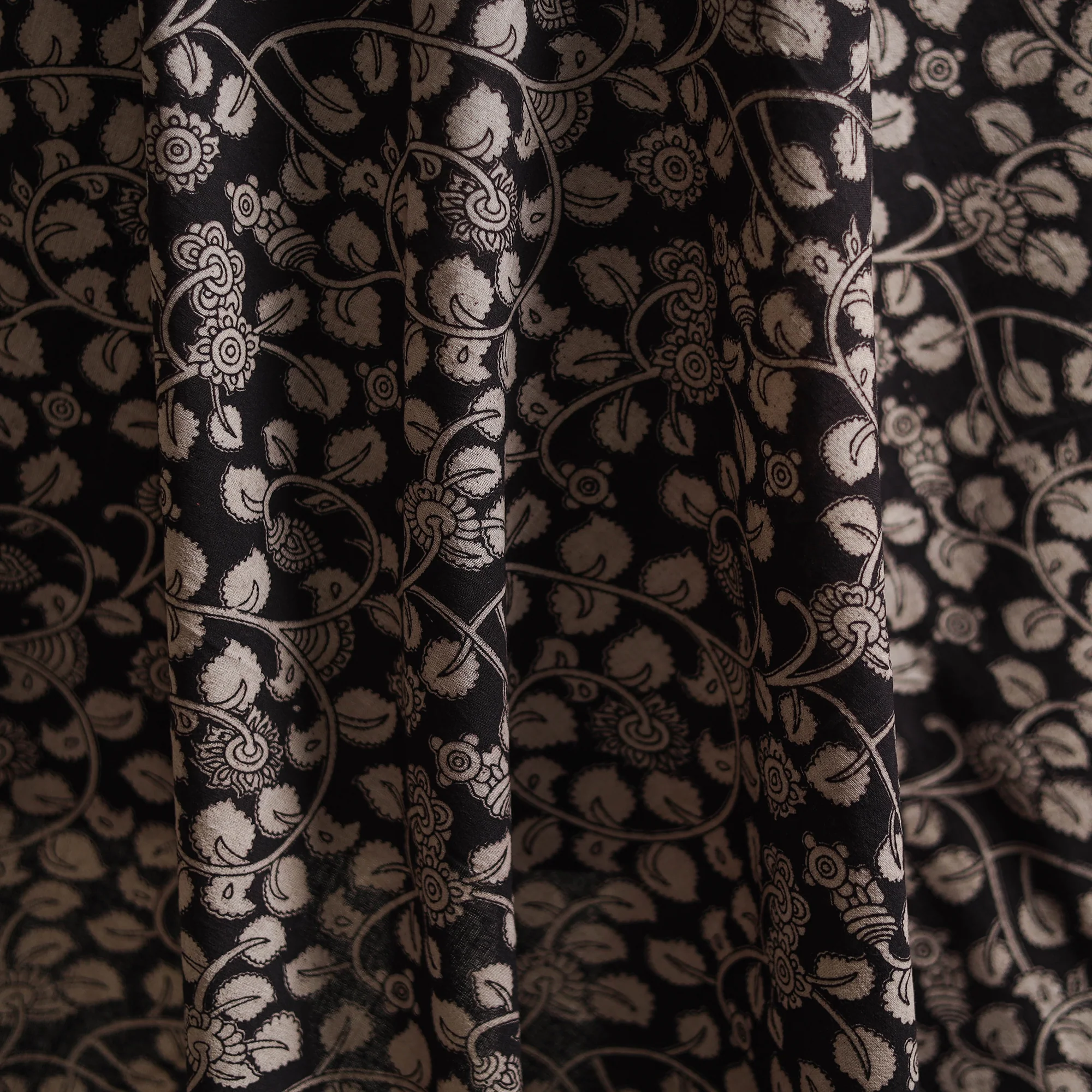Black - Kalamkari Printed Cotton Fabric 10 - Image 3