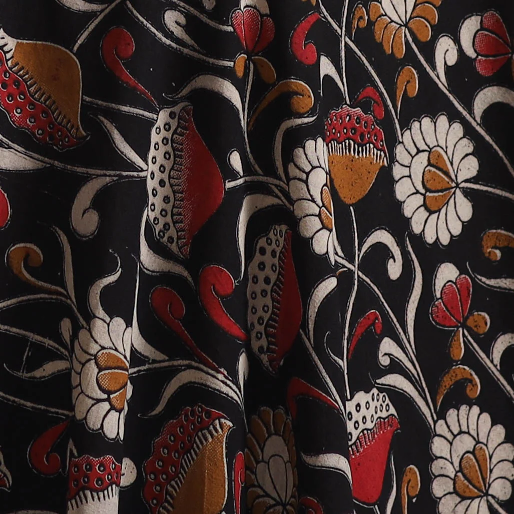 Black - Kalamkari Printed Cotton Fabric 14 - Image 3