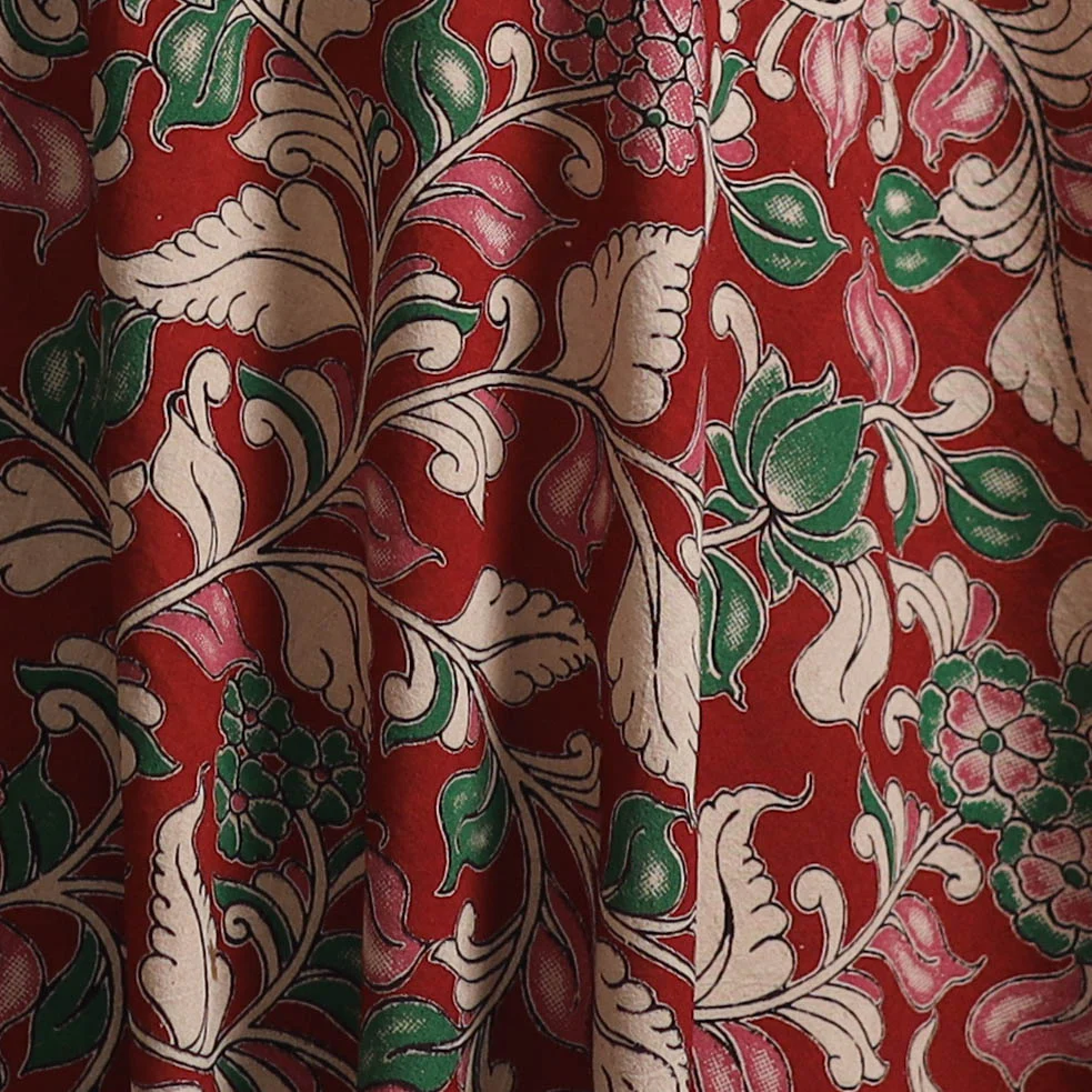 Red - Kalamkari Printed Cotton Fabric 29 - Image 3