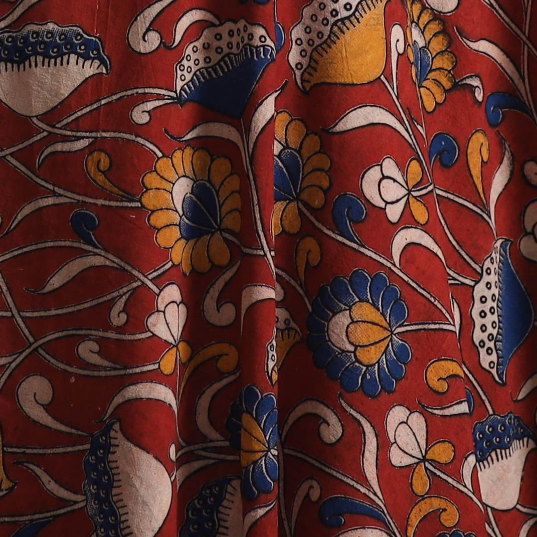 Red - Kalamkari Printed Cotton Fabric 30 - Image 3