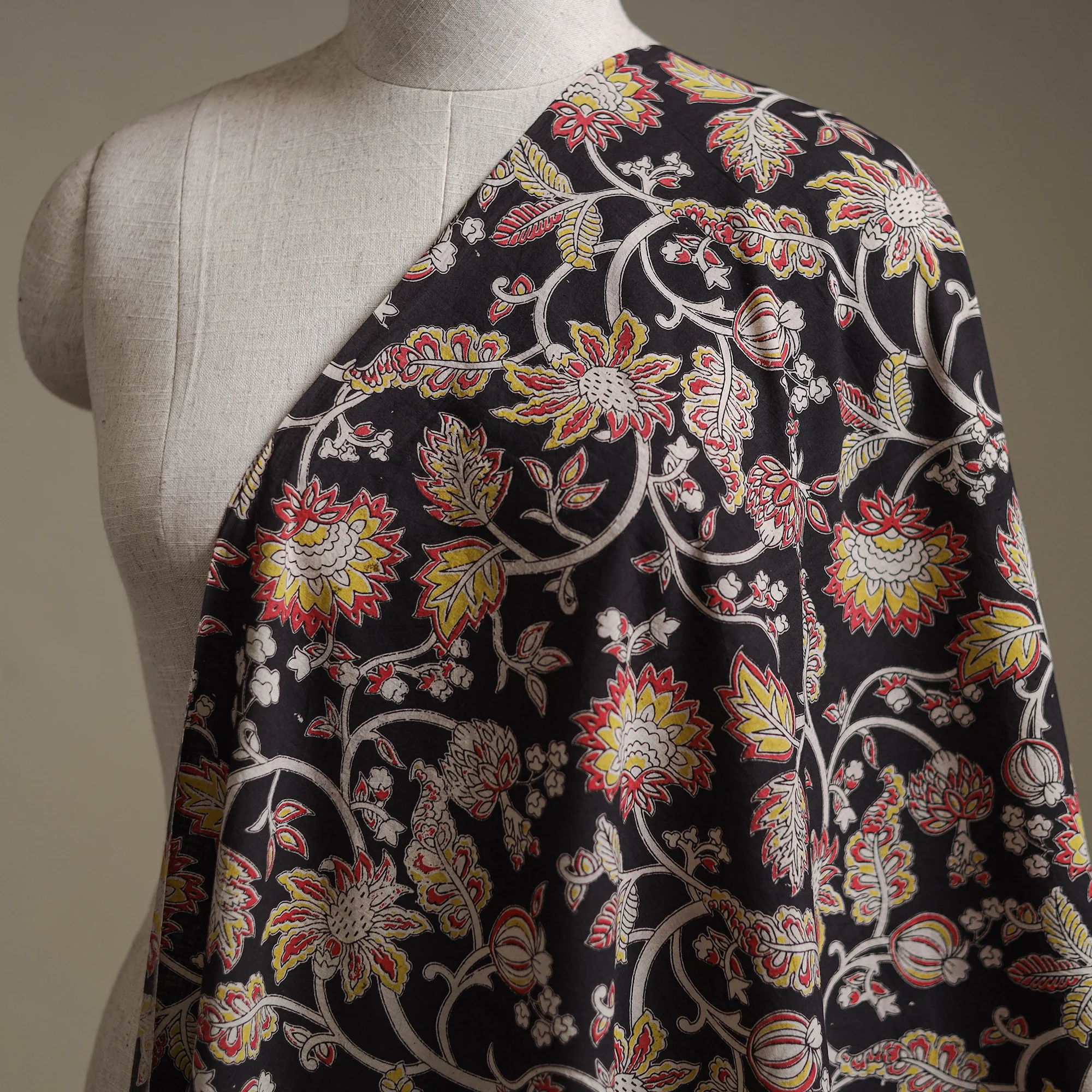 Black - Kalamkari Printed Cotton Fabric 42 - Image 2
