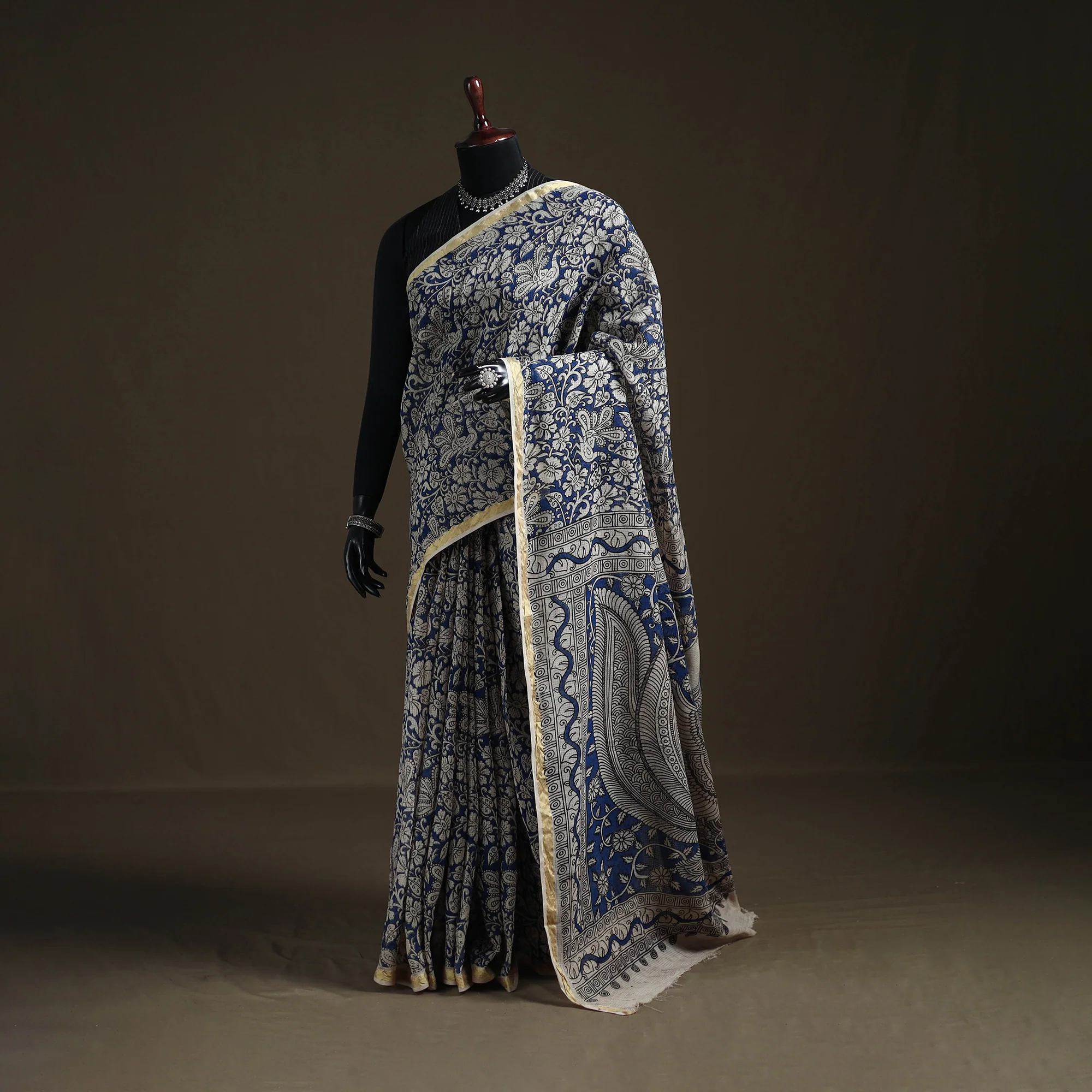 Blue - Kalamkari Printed Kota Doria Cotton Saree 34