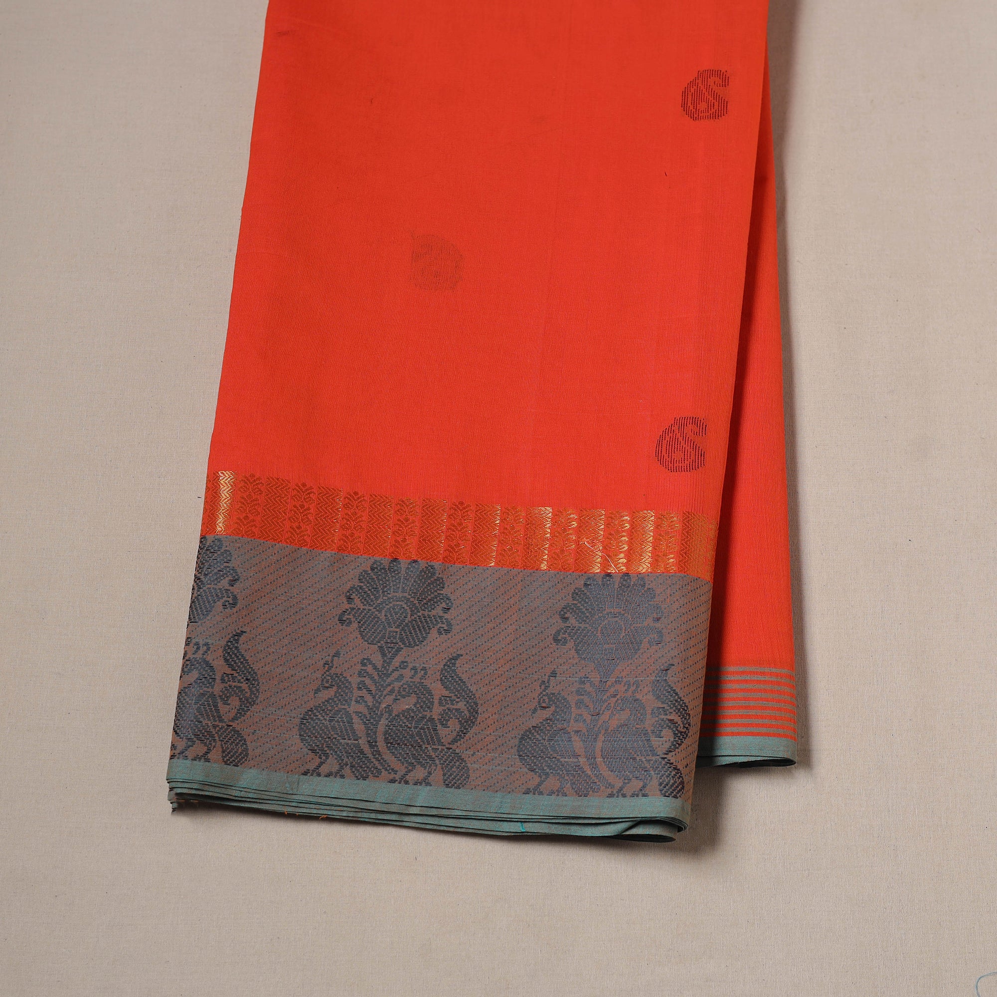 Orange - Kanchipuram Buti Cotton Fabric with Thread Border 09 - Image 2