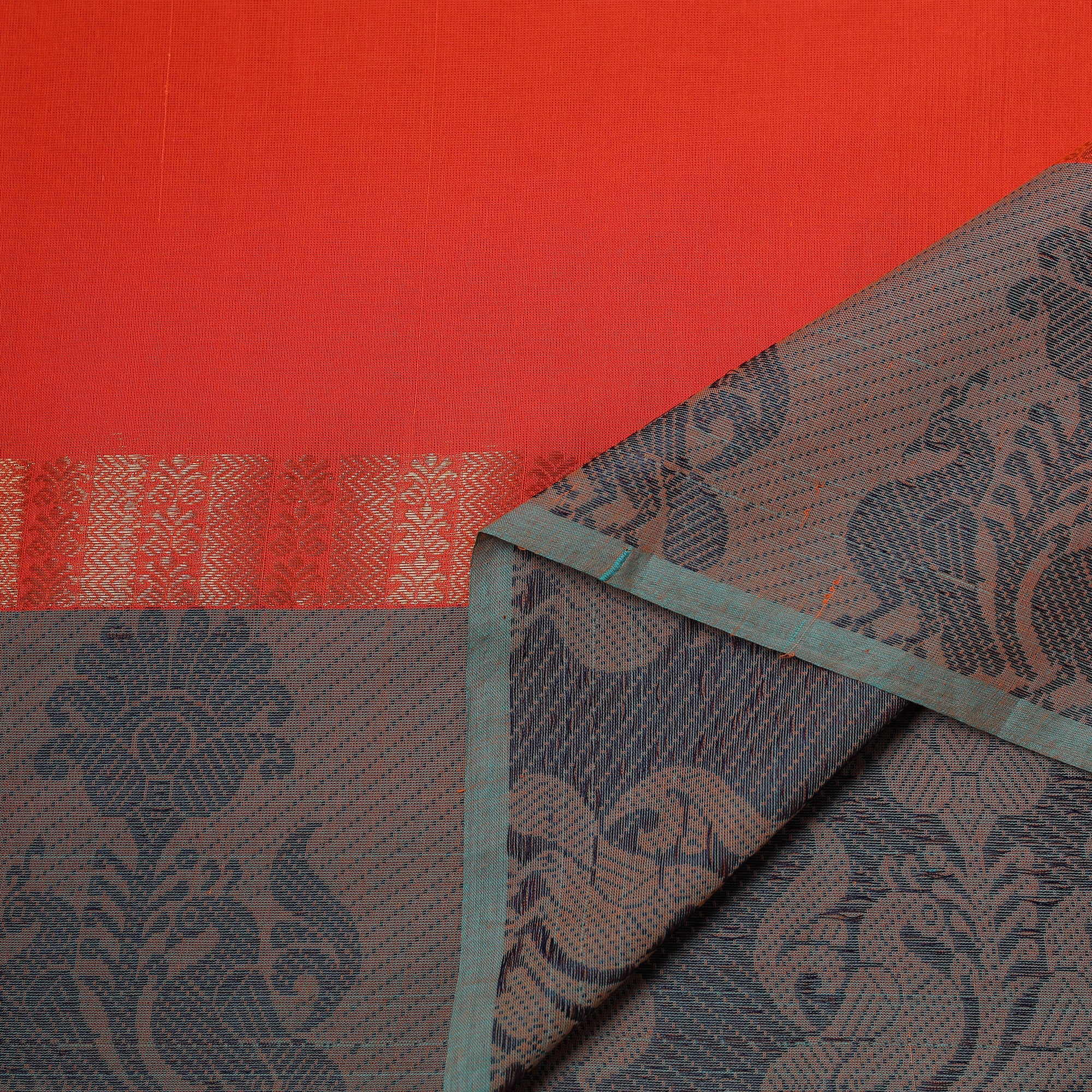 Orange - Kanchipuram Buti Cotton Fabric with Thread Border 09 - Image 3