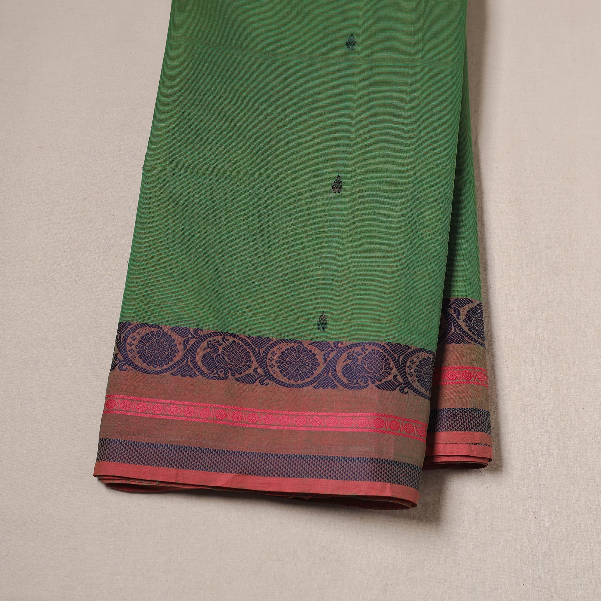 Green - Kanchipuram Buti Cotton Fabric with Thread Border 17 - Image 2
