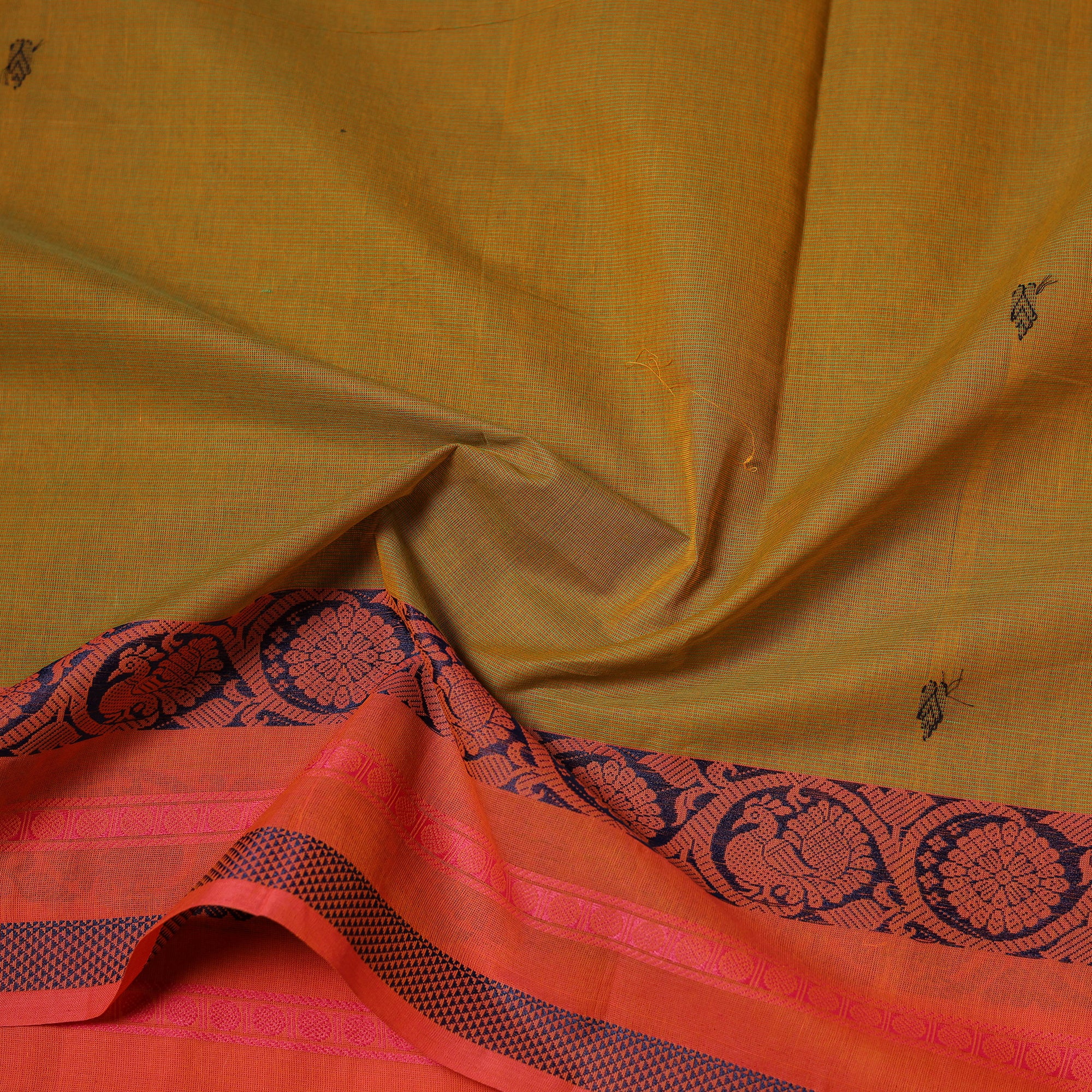 Yellow - Kanchipuram Buti Cotton Fabric with Thread Border 18 - Image 4