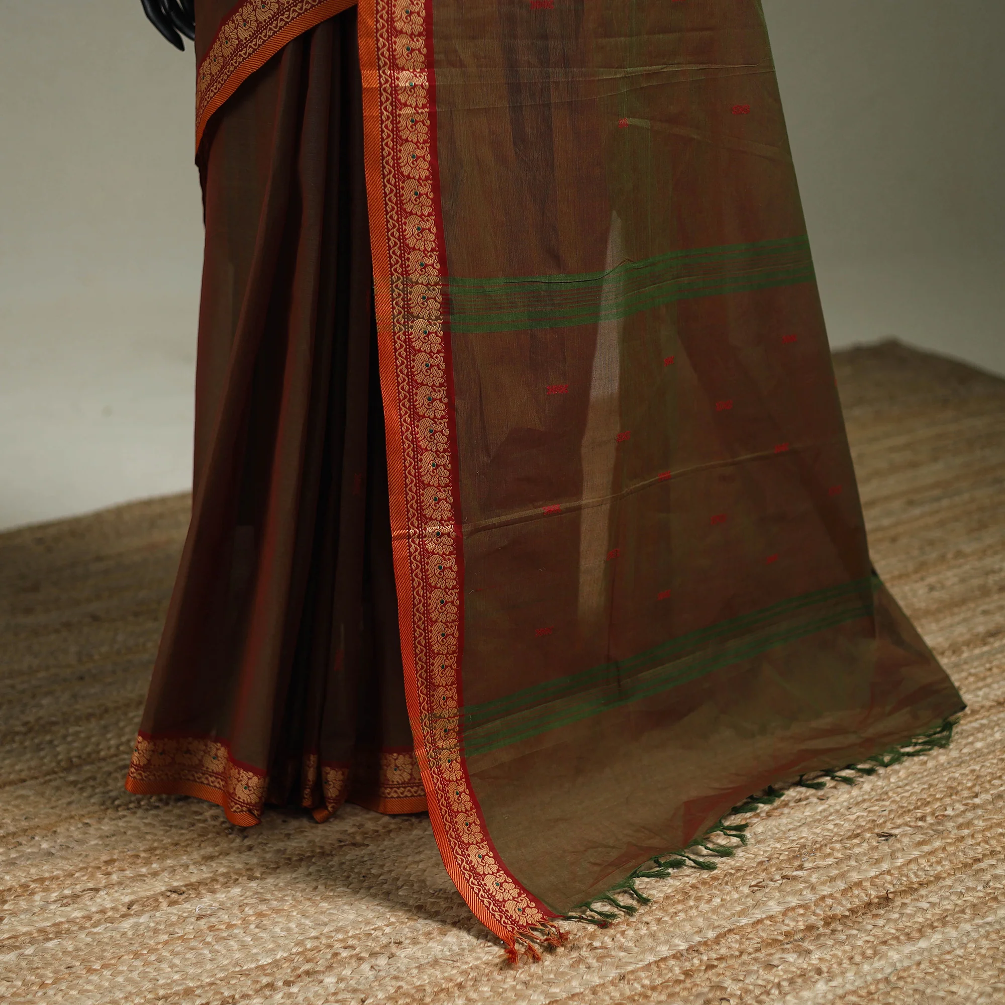 Brown - Kanchipuram Buti Cotton Saree with Border 22 - Image 4