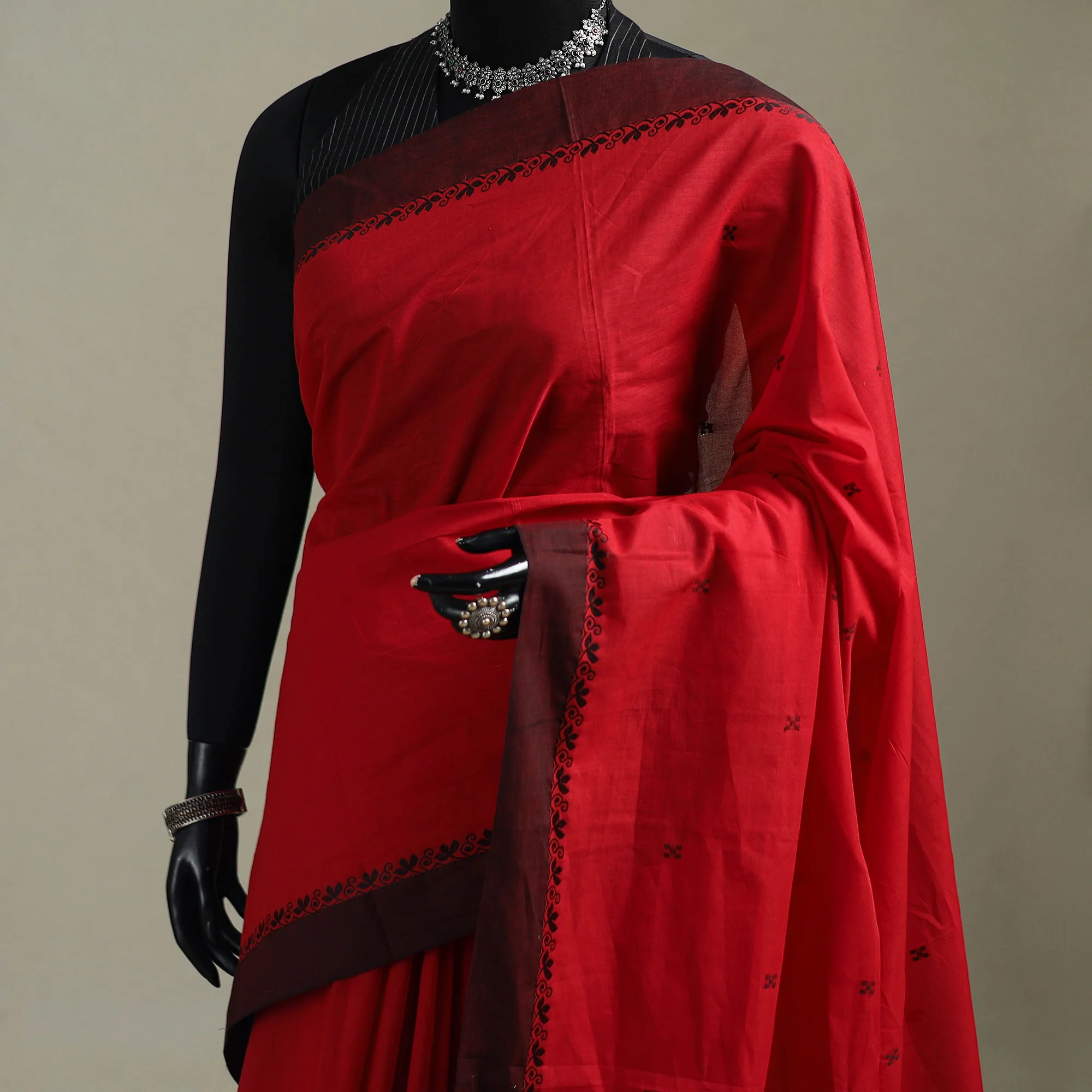 Red - Kanchipuram Buti Cotton Saree with Border 26 - Image 2