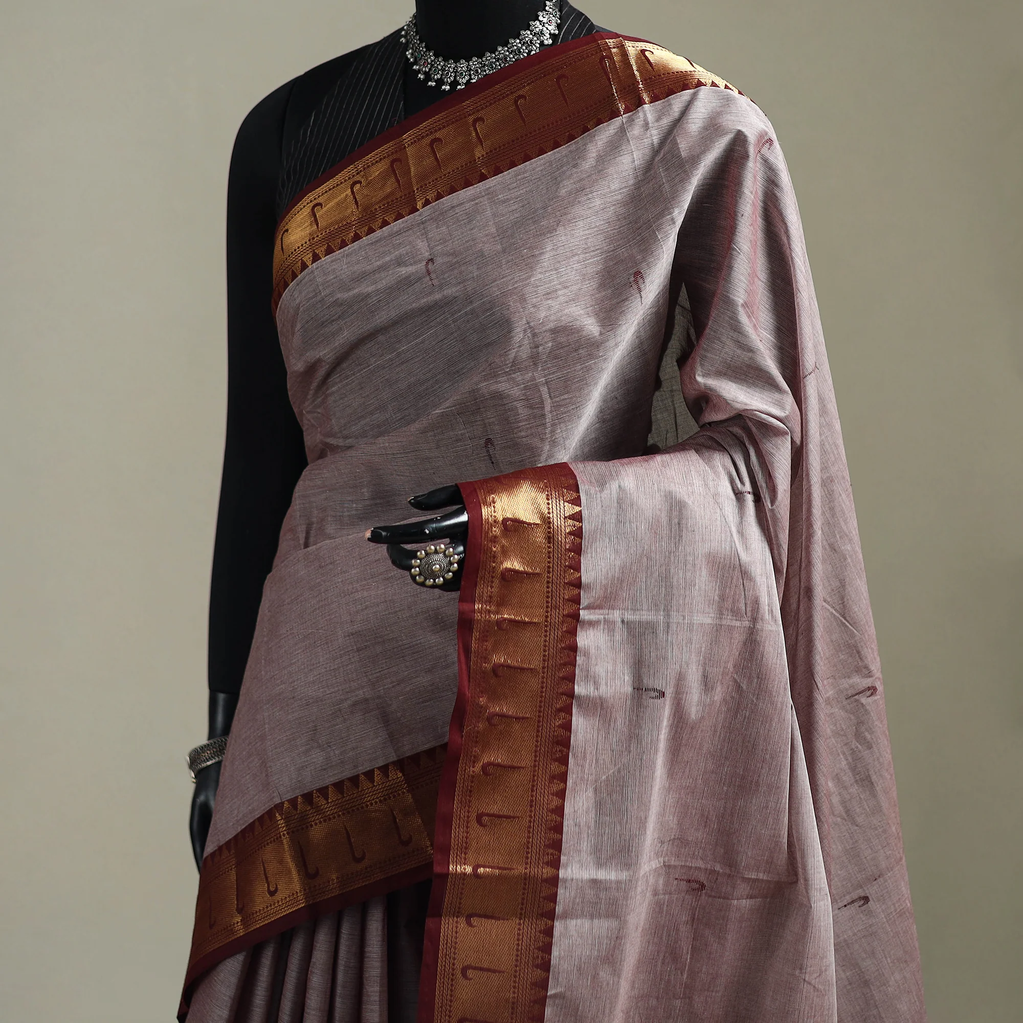 Brown - Kanchipuram Buti Cotton Saree with Border 29 - Image 2