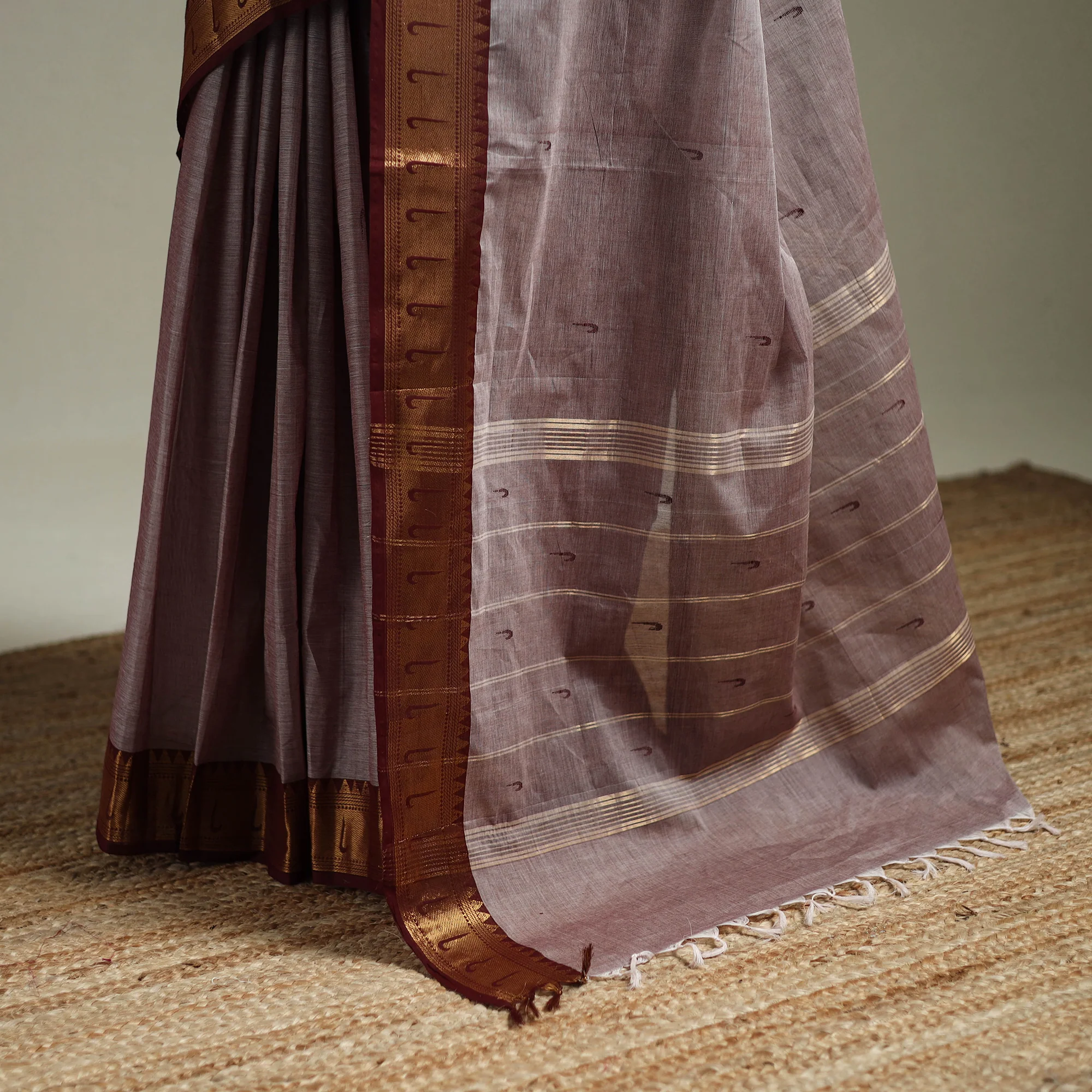 Brown - Kanchipuram Buti Cotton Saree with Border 29 - Image 4
