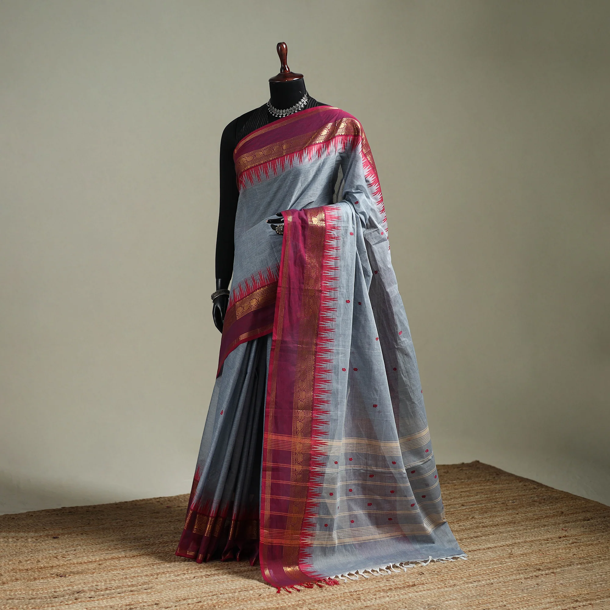 Grey - Kanchipuram Buti Cotton Saree with Border 32