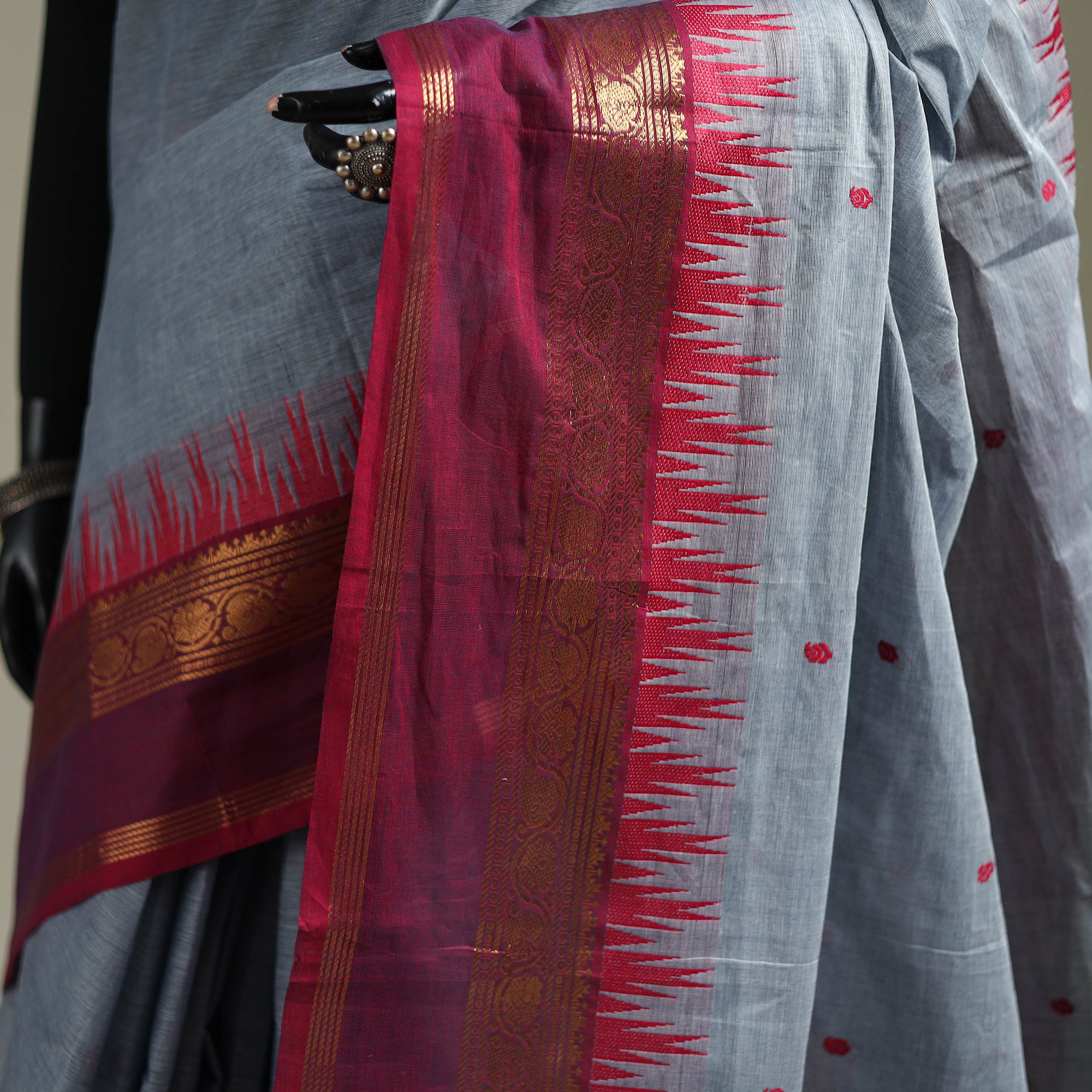 Grey - Kanchipuram Buti Cotton Saree with Border 32 - Image 3