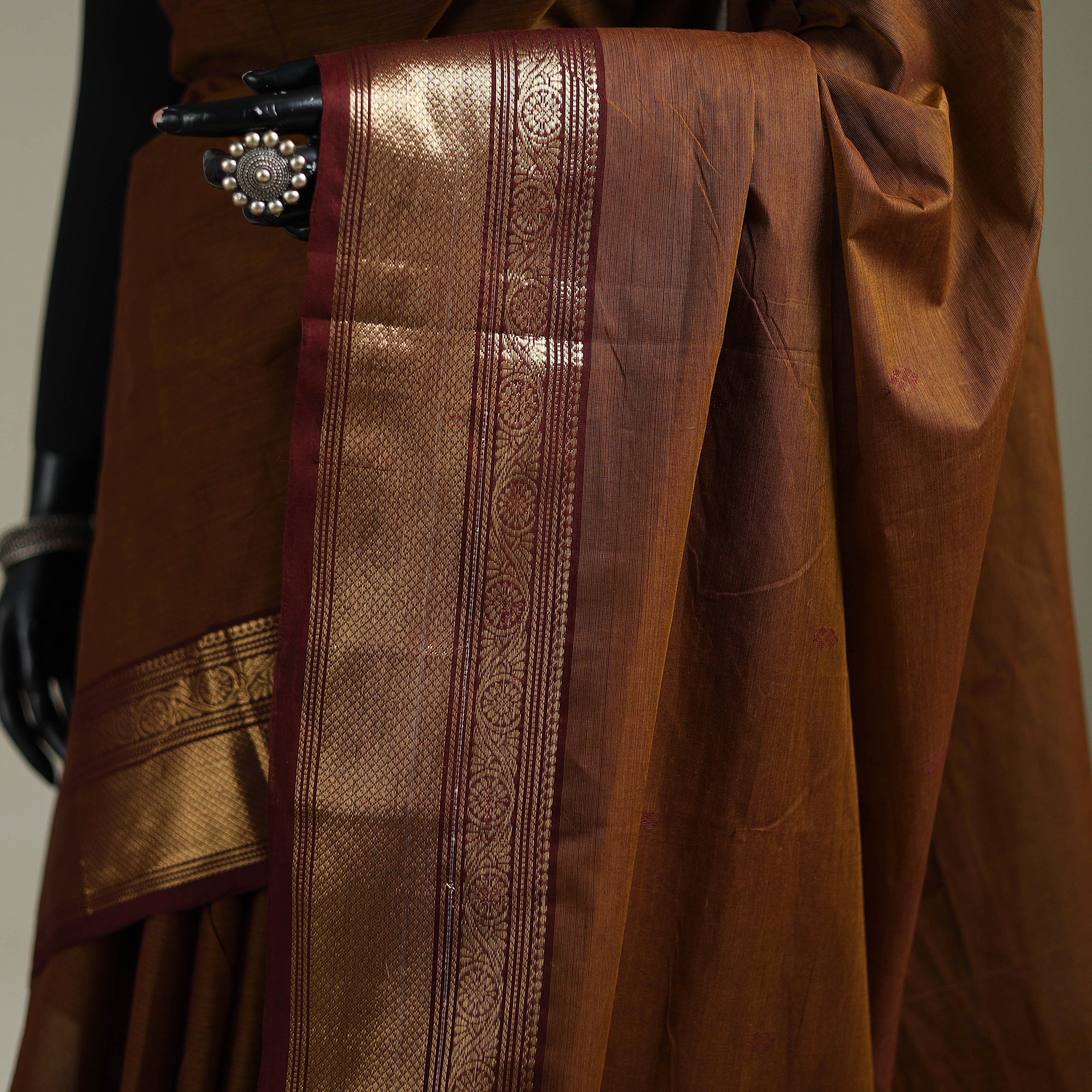 Brown - Kanchipuram Buti Cotton Saree with Border 56 - Image 3