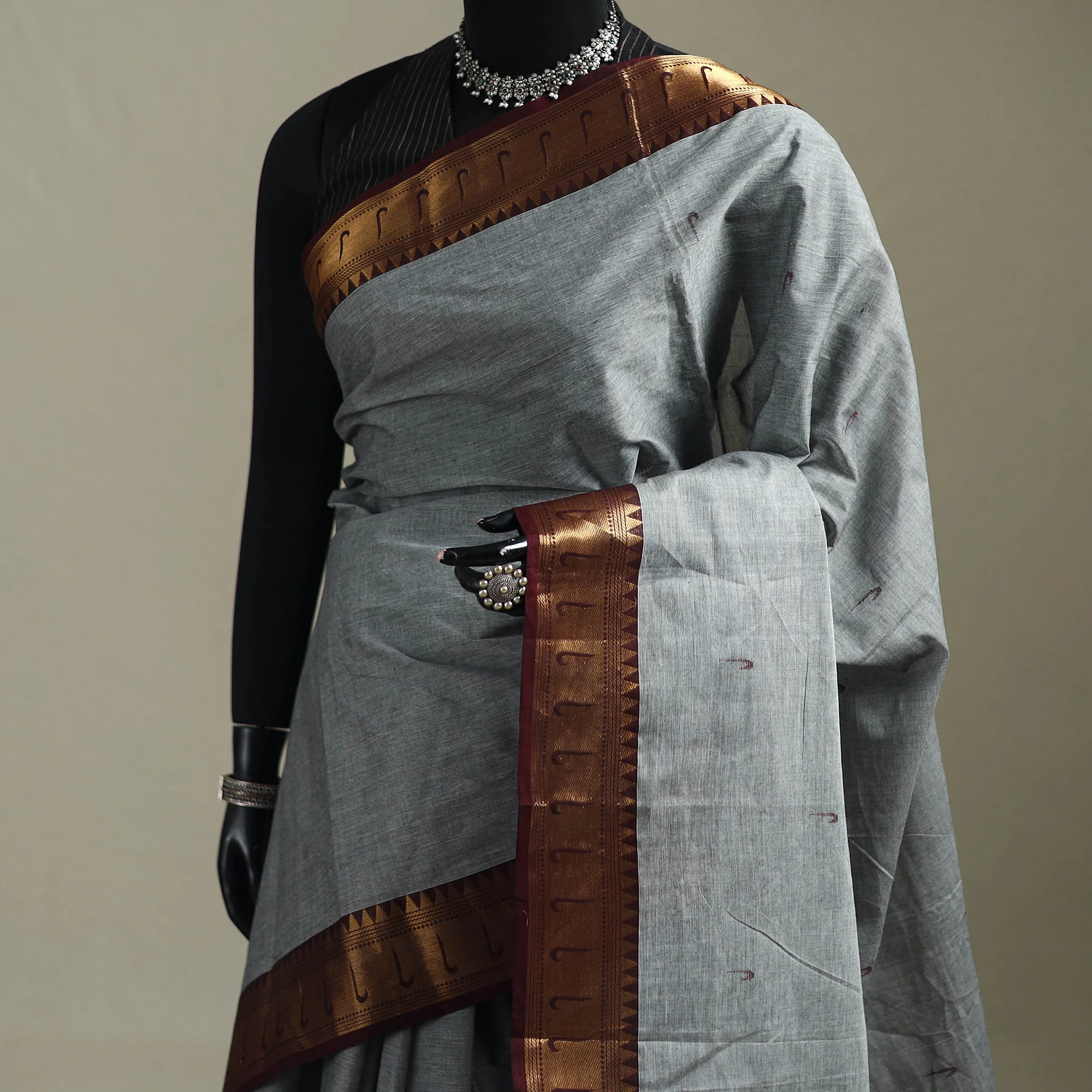 Grey - Kanchipuram Buti Cotton Saree with Border 60 - Image 2