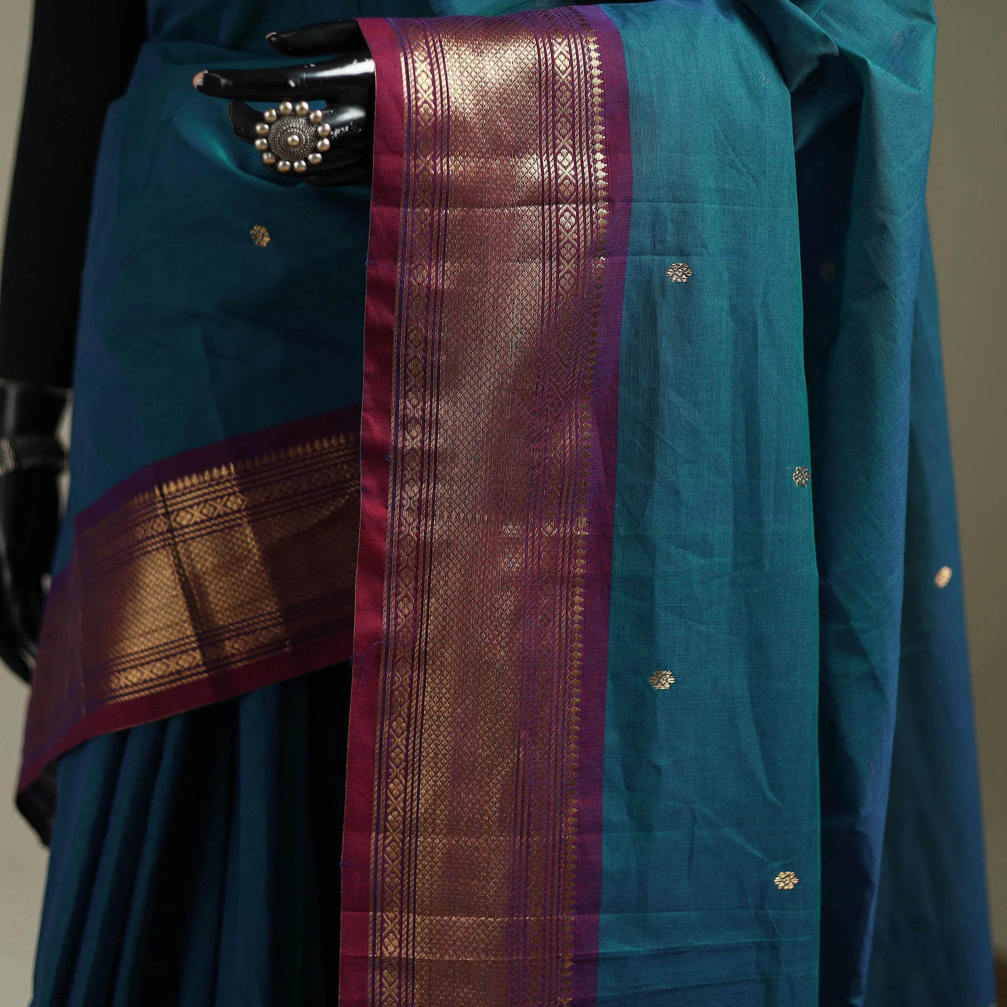 Green - Kanchipuram Buti Cotton Saree with Border 64 - Image 3