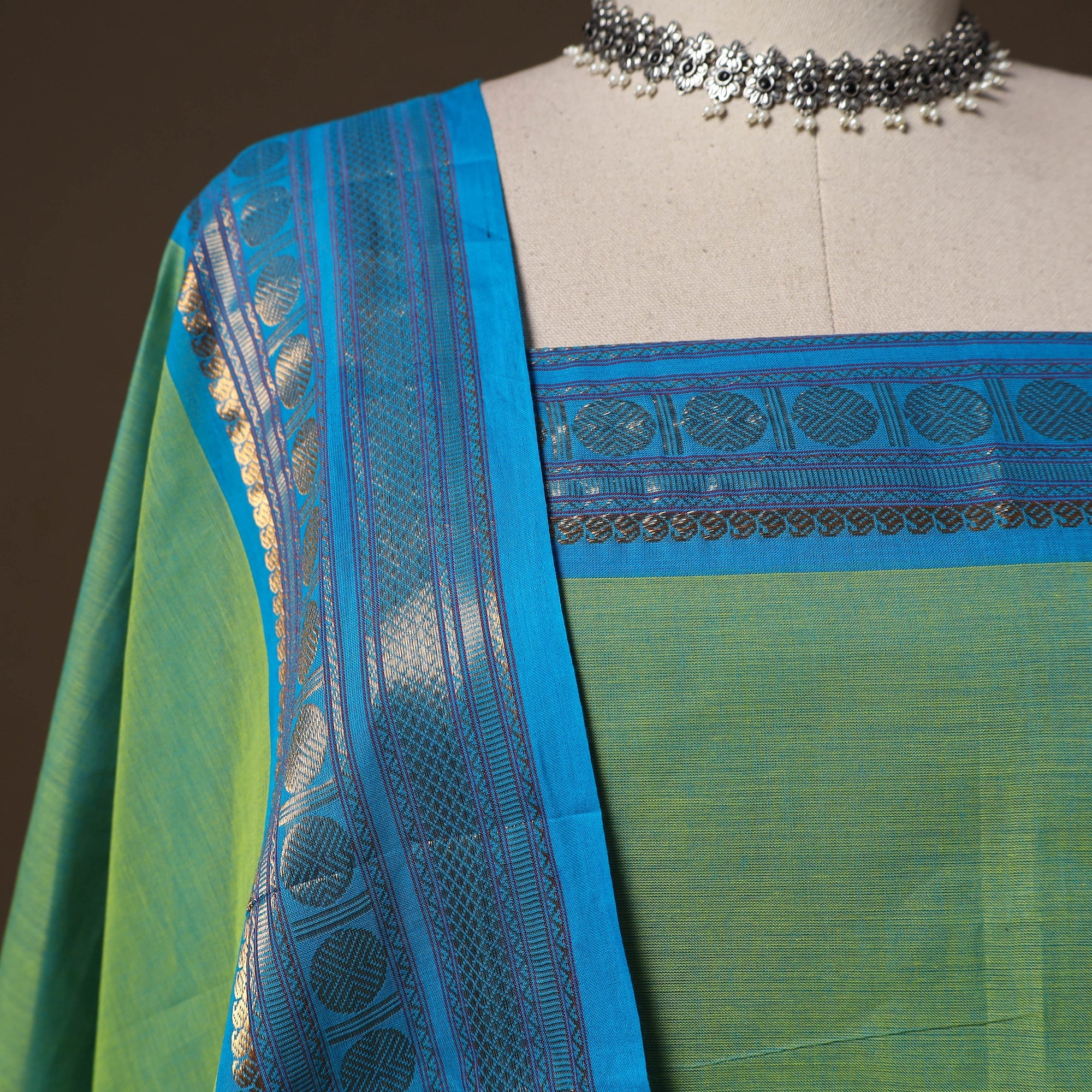Green - Kandangi Chettinad Cotton 2pc Unstitched Dress Material 12 - Image 3