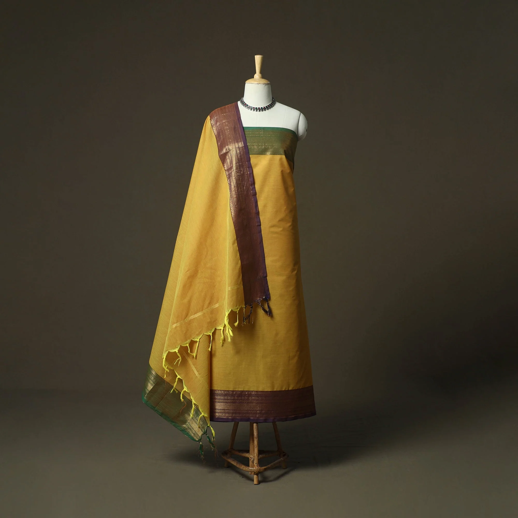 Yellow - Kandangi Chettinad Cotton 2pc Unstitched Dress Material 36