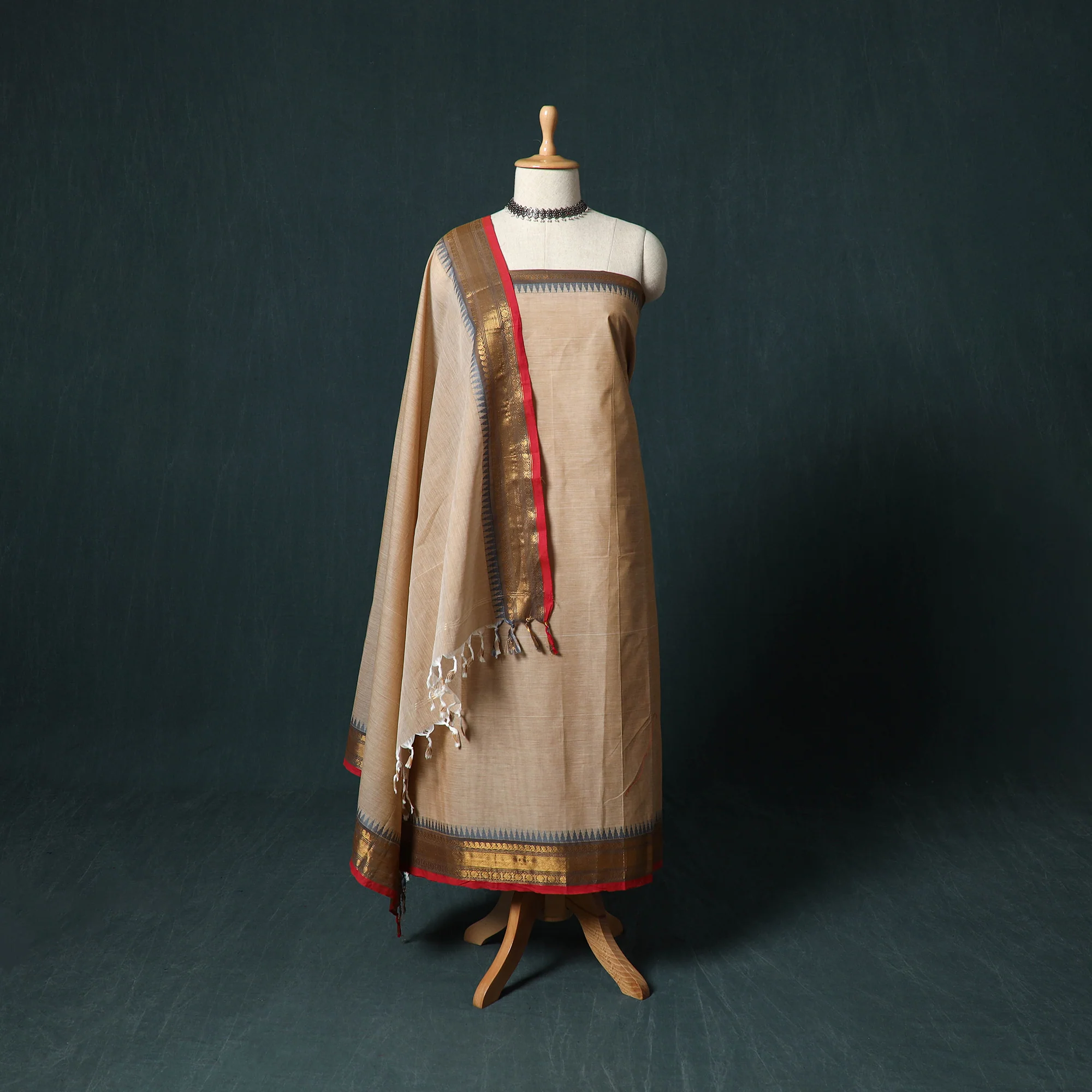Beige - Kandangi Chettinad Cotton 2pc Unstitched Dress Material Kurta Set 09