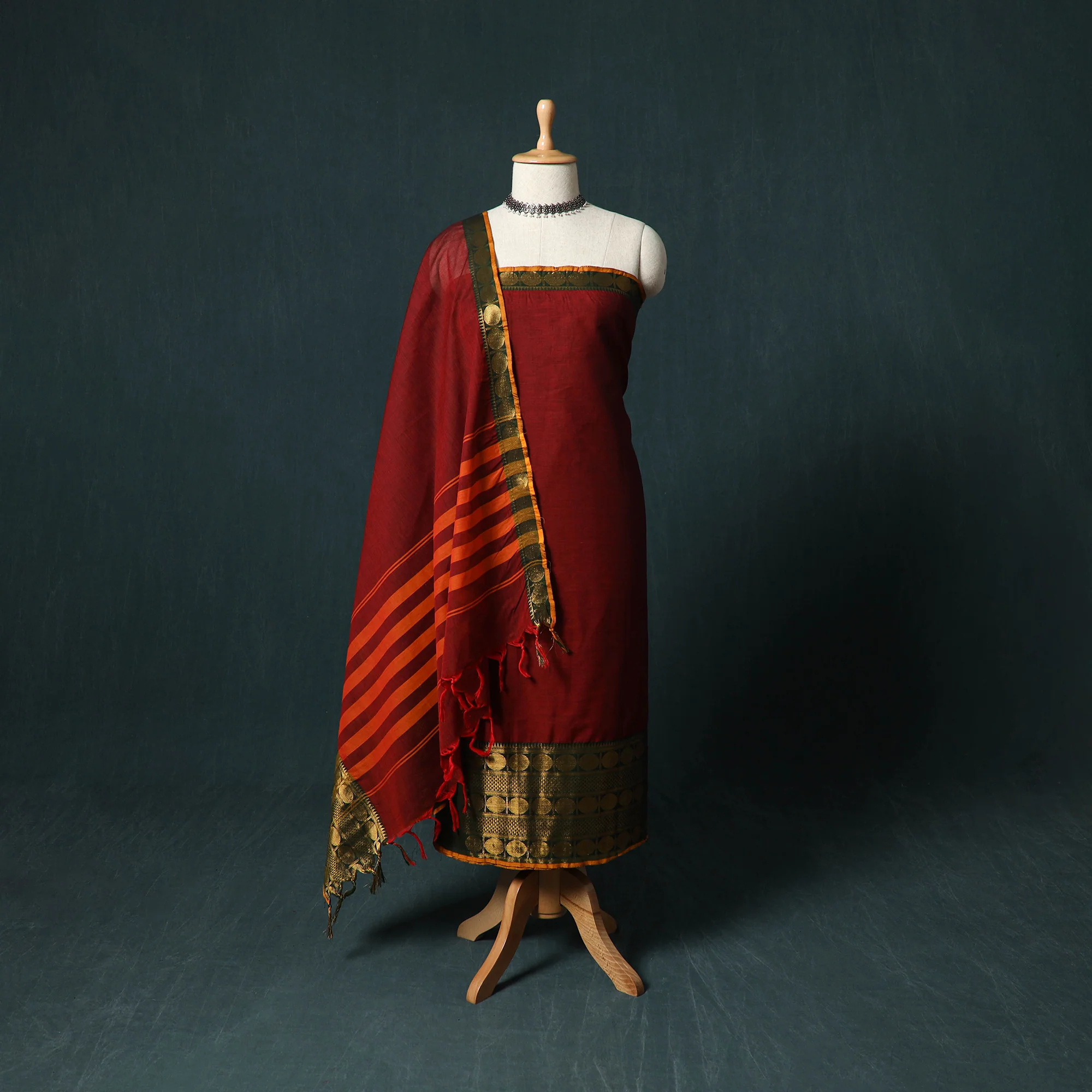 Red - Kandangi Chettinad Cotton 2pc Unstitched Dress Material Kurta Set 10
