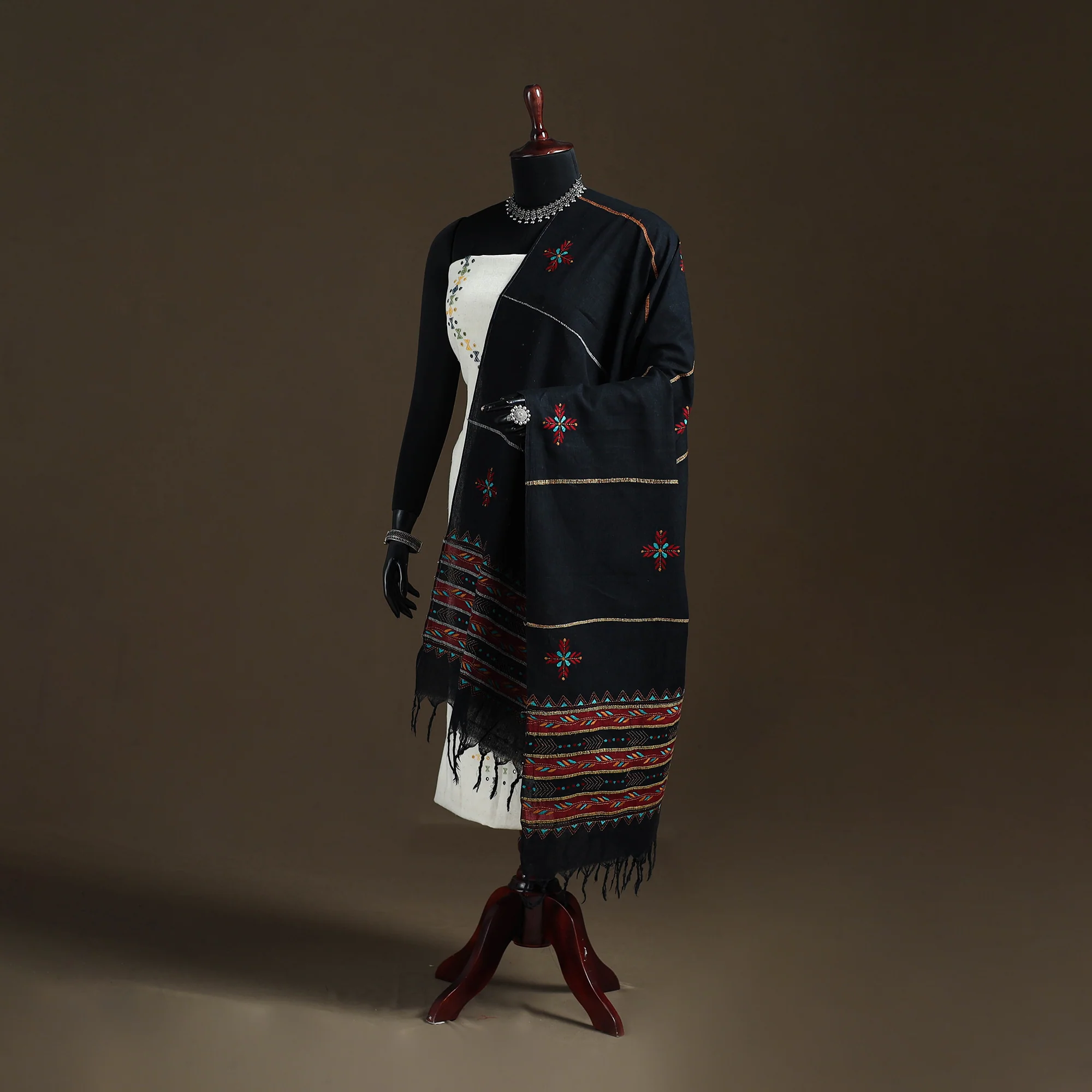 Black - Kantha Hand Embroidered Khes Handwoven Cotton Dupatta 15