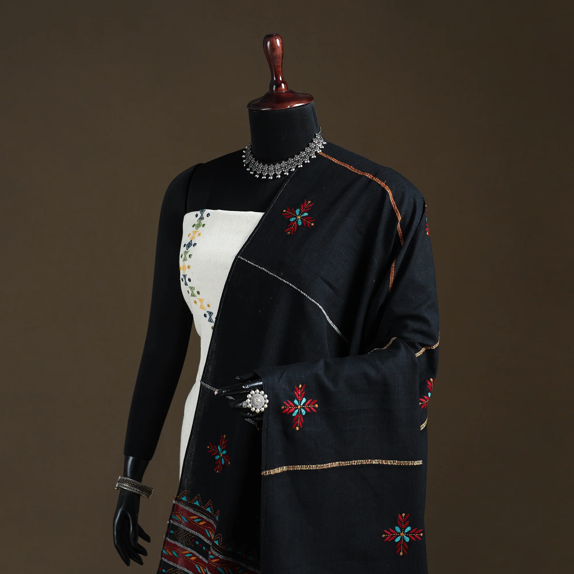 Black - Kantha Hand Embroidered Khes Handwoven Cotton Dupatta 15 - Image 2