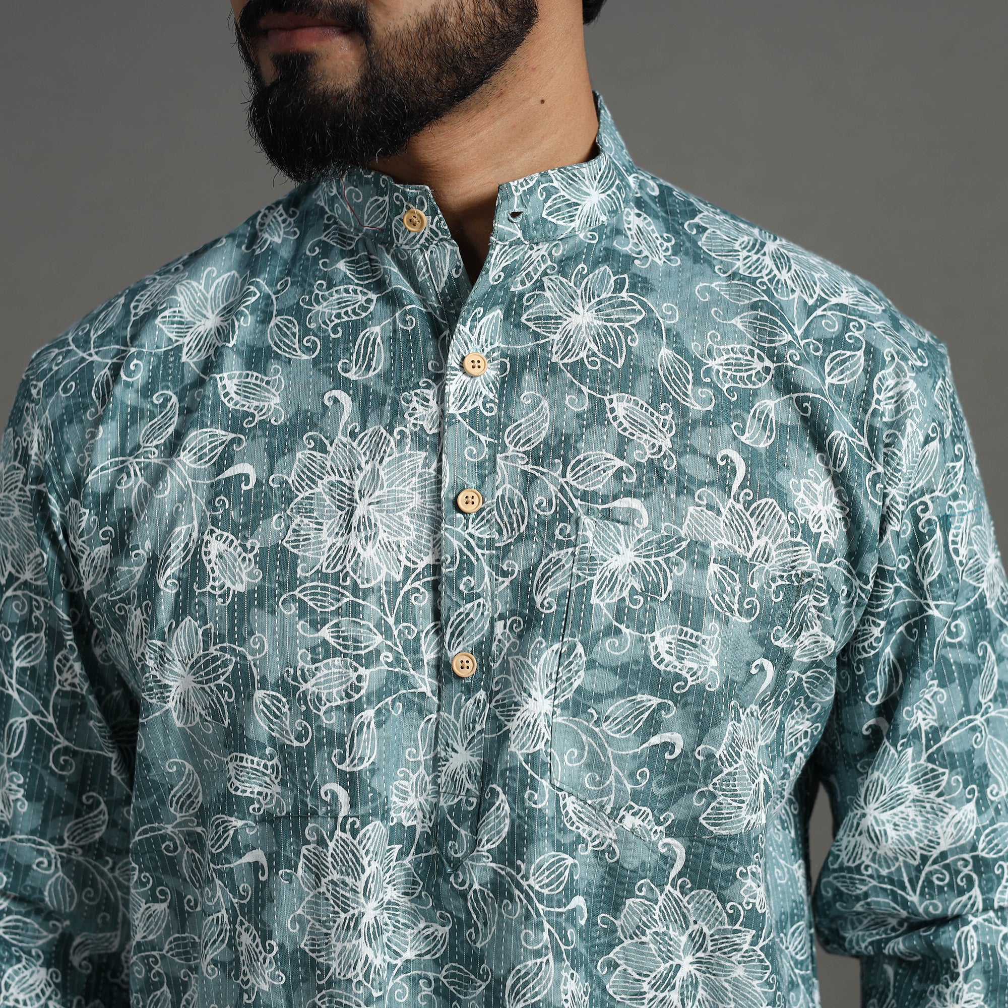 Kantha Stitch Cotton Short Jaipur Kurta for Men 09 - Image 3