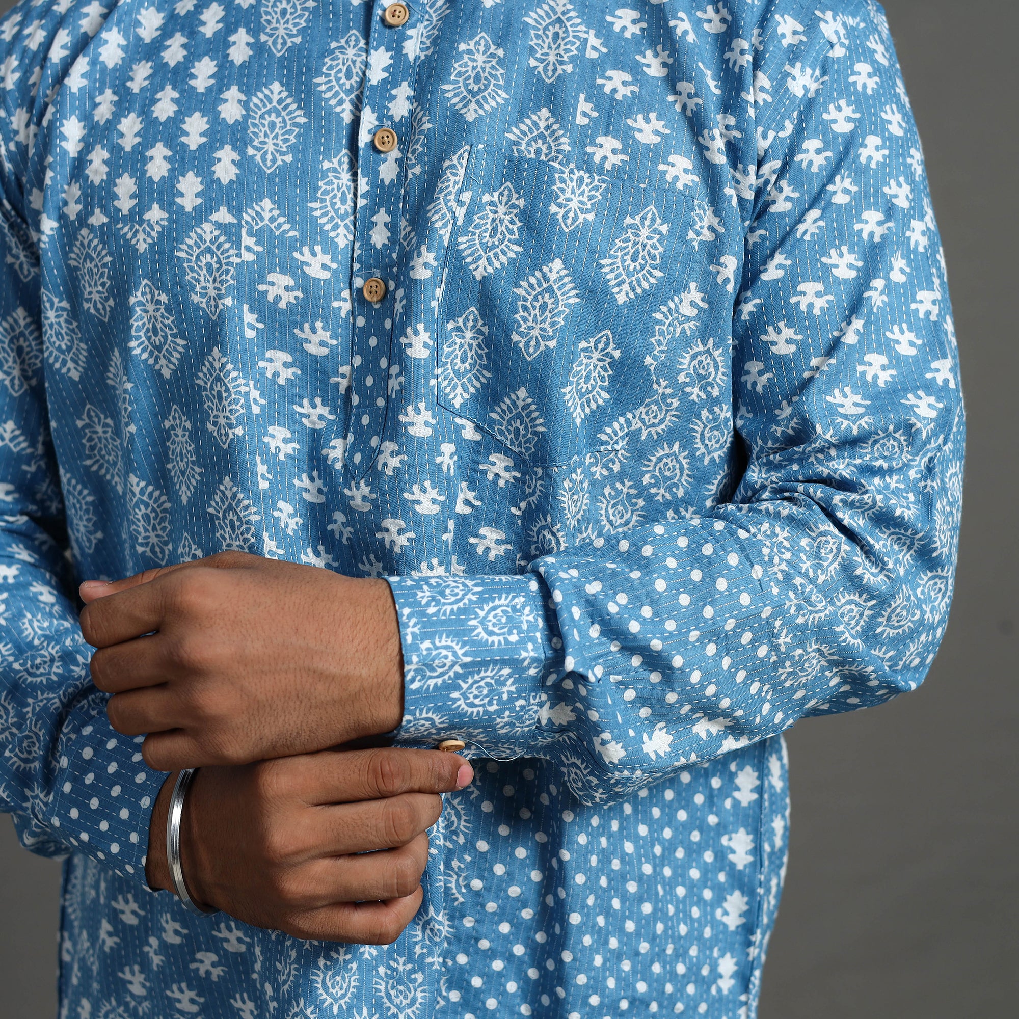 Kantha Stitch Cotton Short Sanganeri Kurta for Men 10 - Image 4