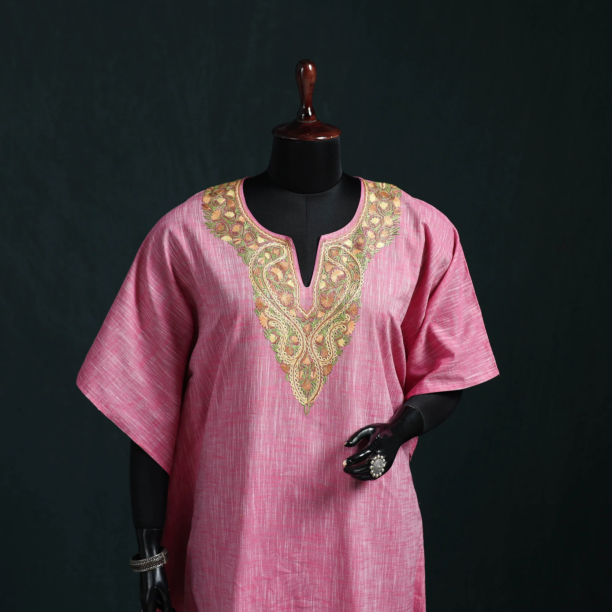 Pink - Kashmiri Aari Hand Embroidered Cotton Kaftan (Long) 43 - Image 2