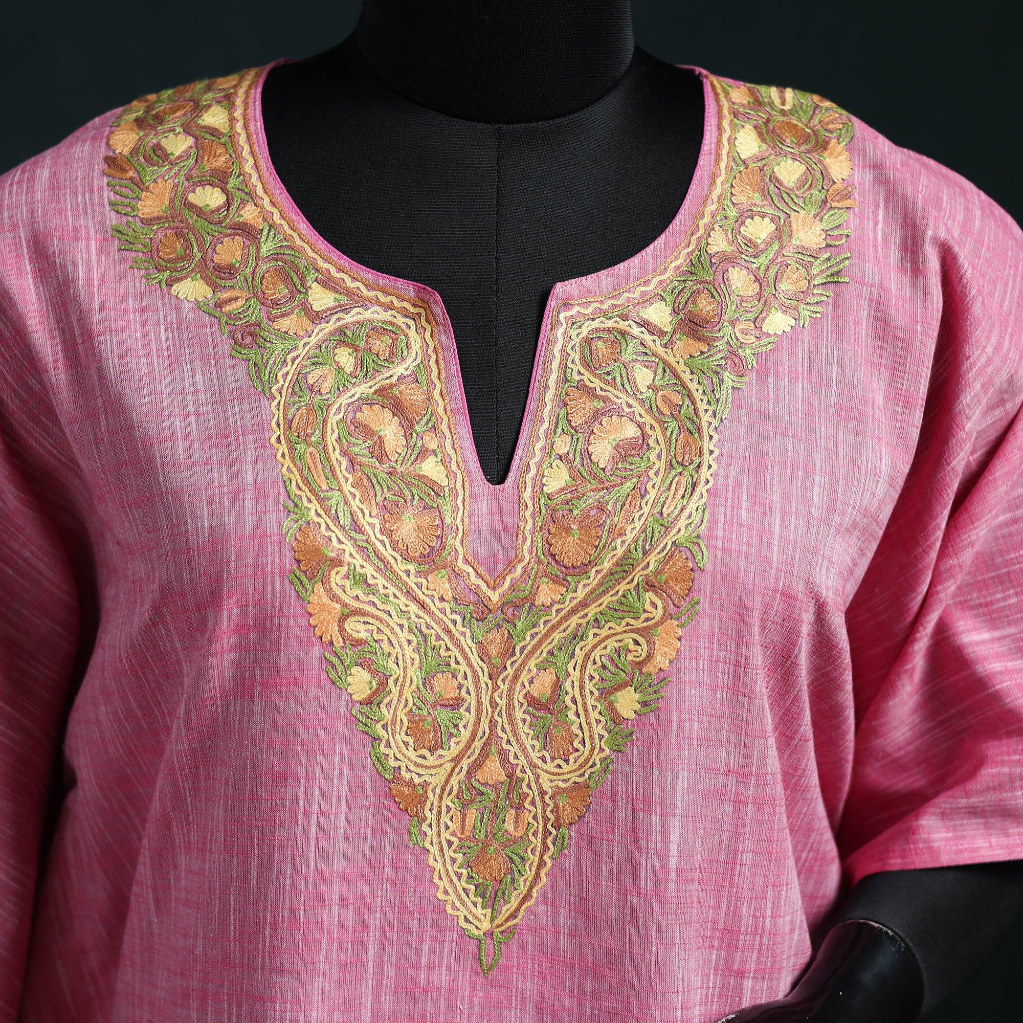 Pink - Kashmiri Aari Hand Embroidered Cotton Kaftan (Long) 43 - Image 3