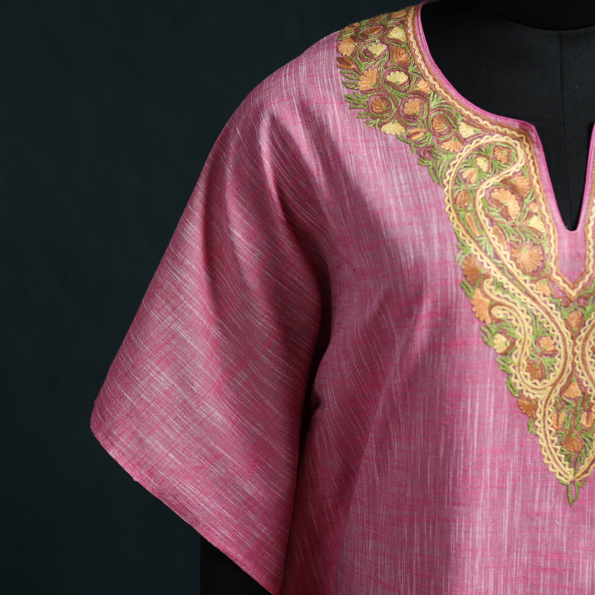 Pink - Kashmiri Aari Hand Embroidered Cotton Kaftan (Long) 43 - Image 4