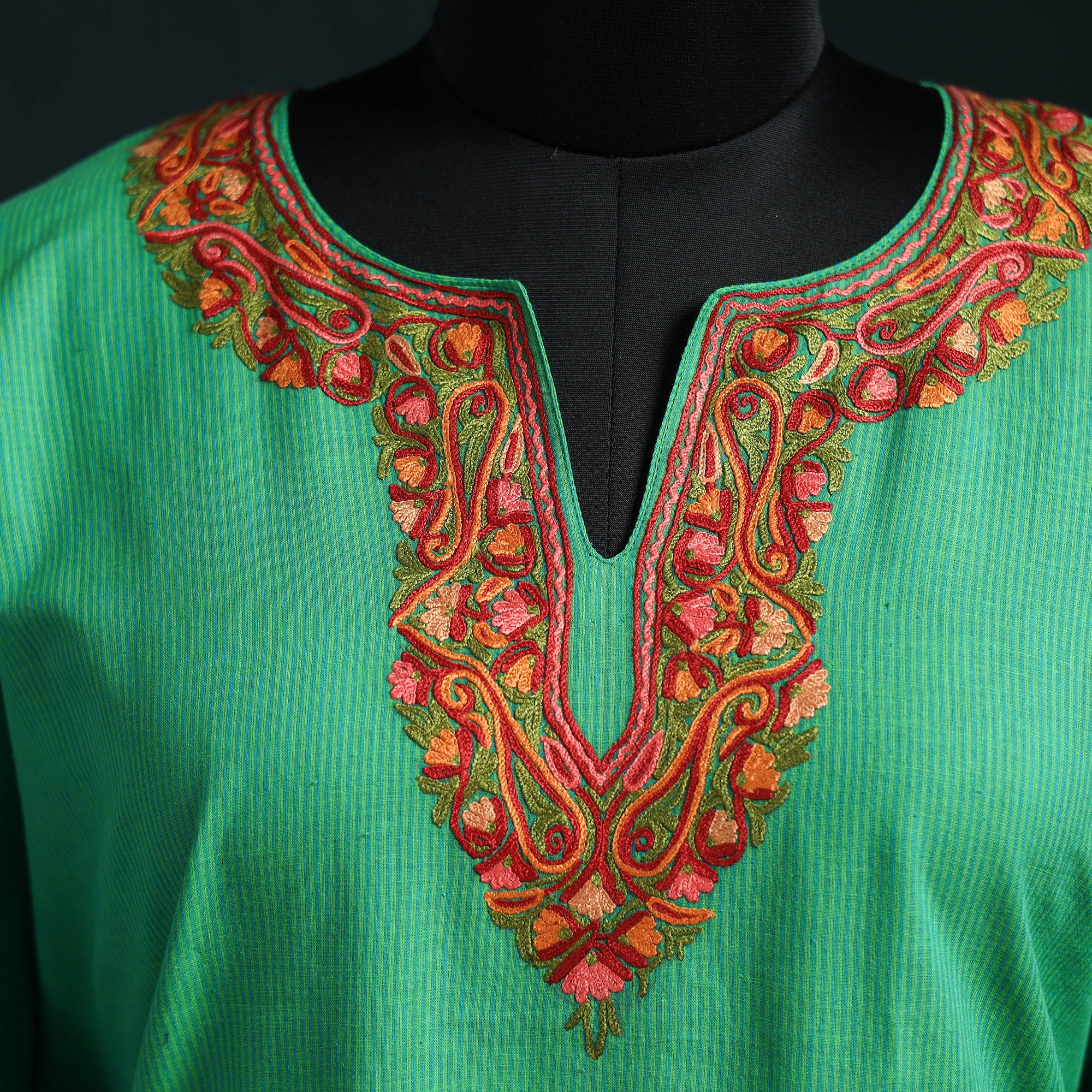 Green - Kashmiri Aari Hand Embroidered Cotton Kaftan (Long) 44 - Image 3