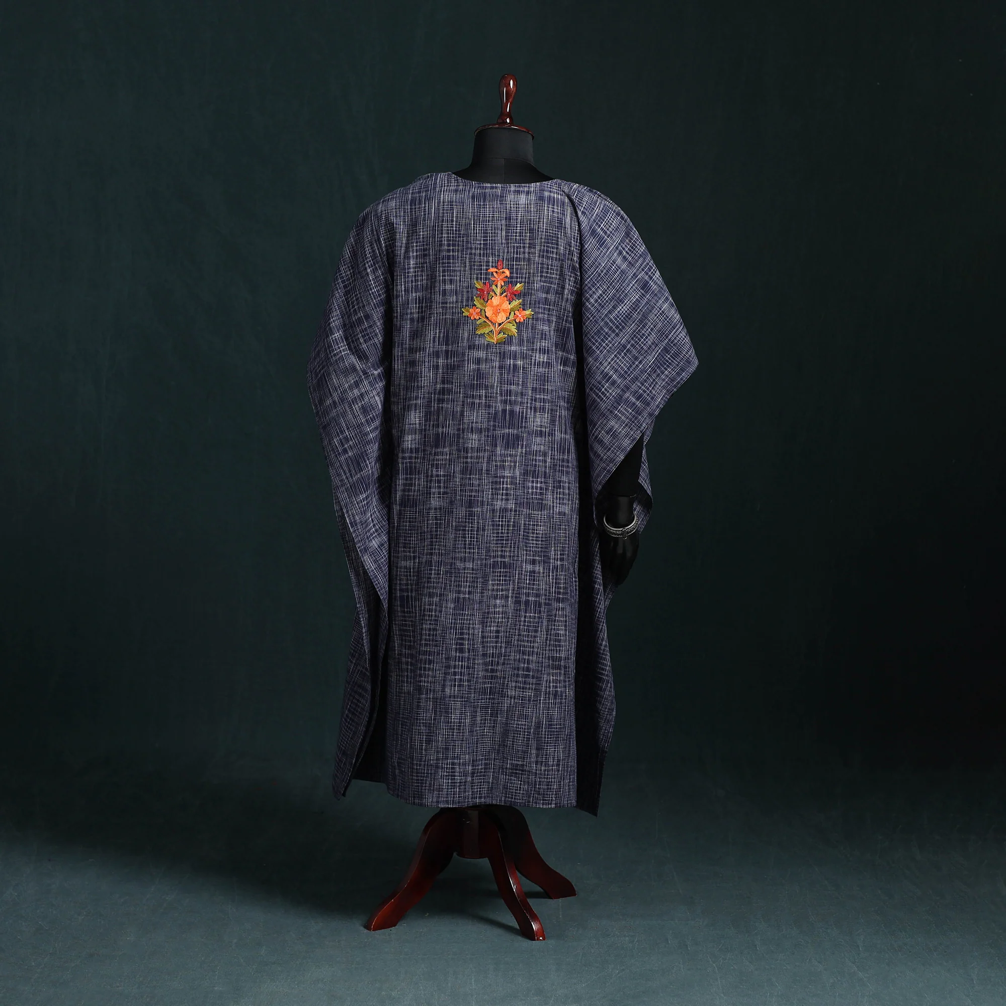 Blue - Kashmiri Aari Hand Embroidered Cotton Kaftan (Long) 52 - Image 5