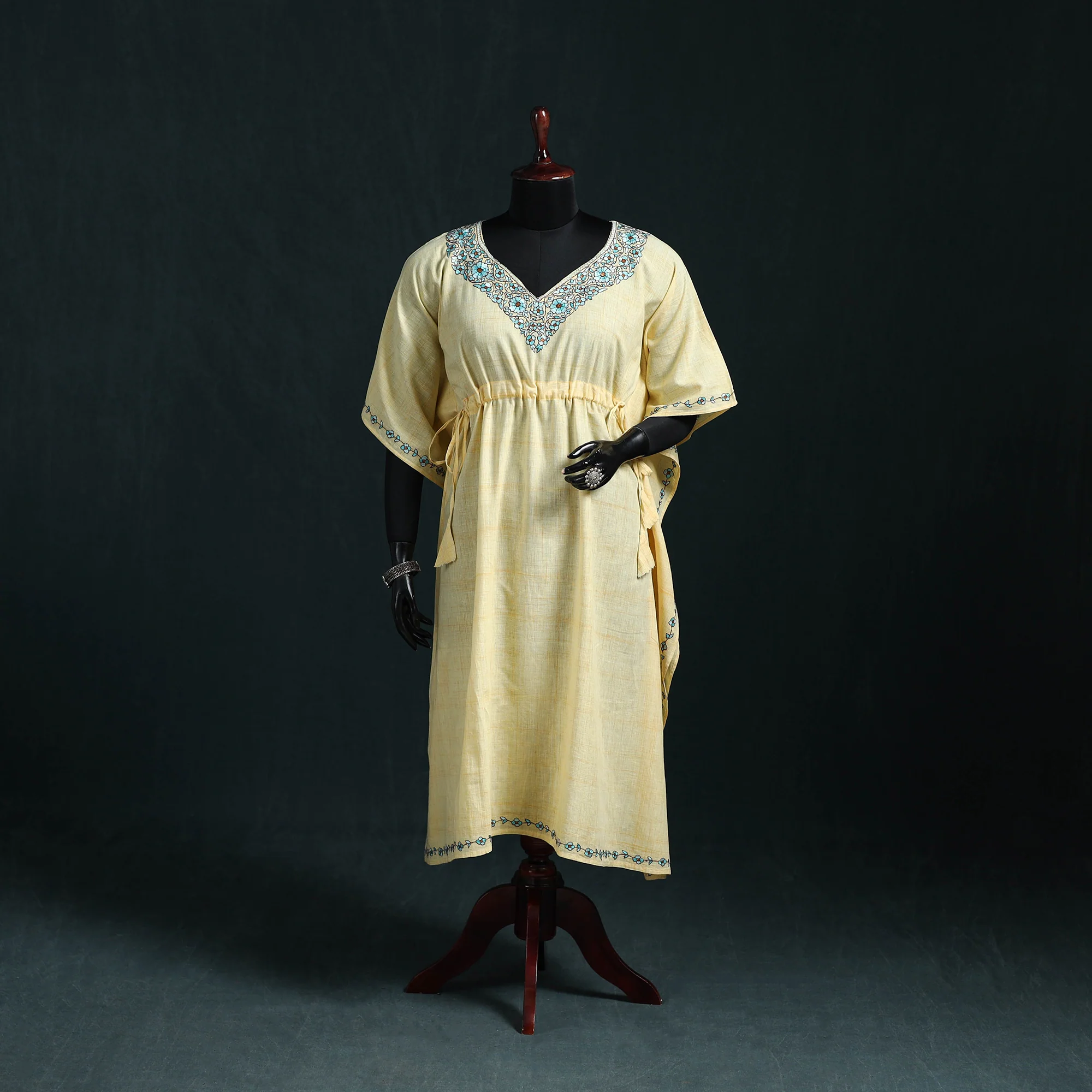 Yellow - Kashmiri Kashida Hand Embroidered Cotton Kaftan (Long) 42