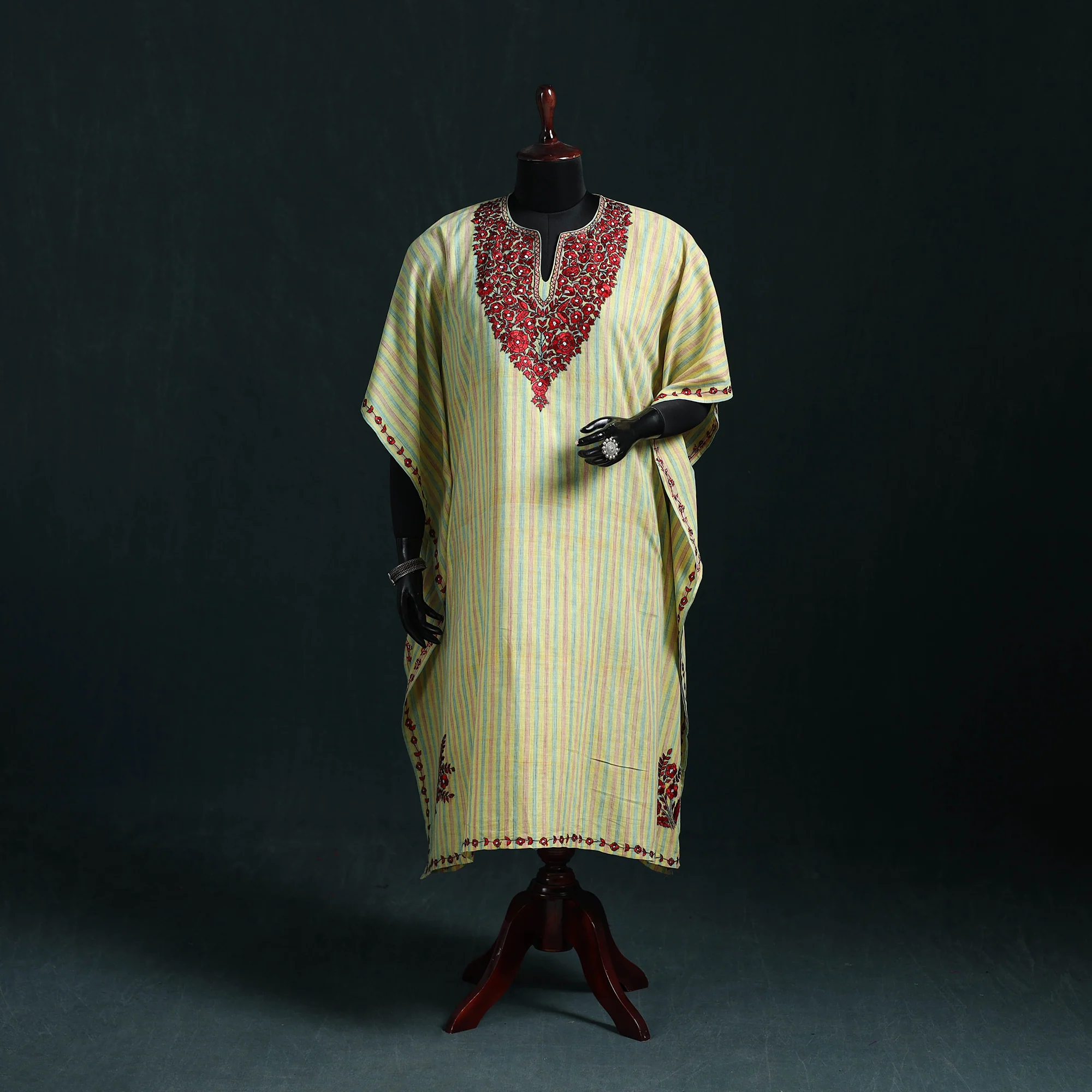 Yellow - Kashmiri Kashida Hand Embroidered Cotton Kaftan (Medium) 01