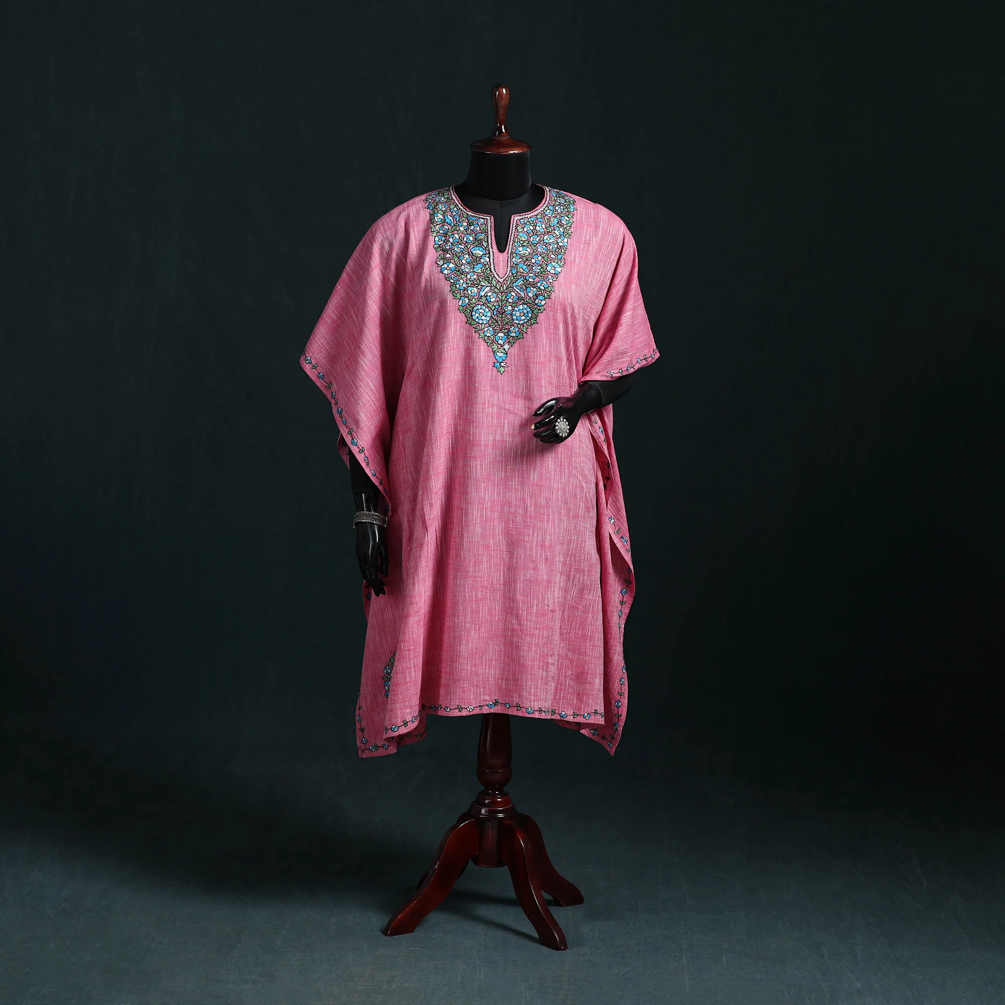 Pink - Kashmiri Kashida Hand Embroidered Cotton Kaftan (Medium) 13