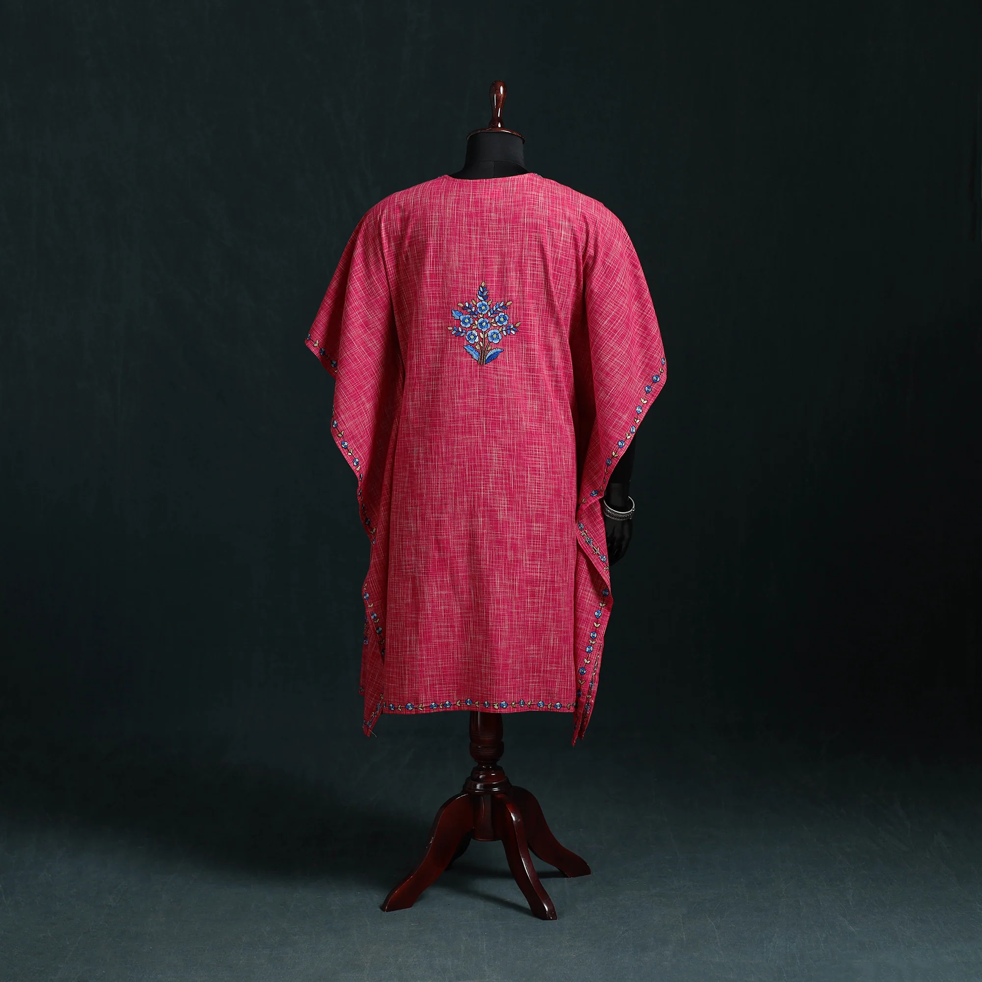 Pink - Kashmiri Kashida Hand Embroidered Cotton Kaftan (Medium) 20 - Image 5