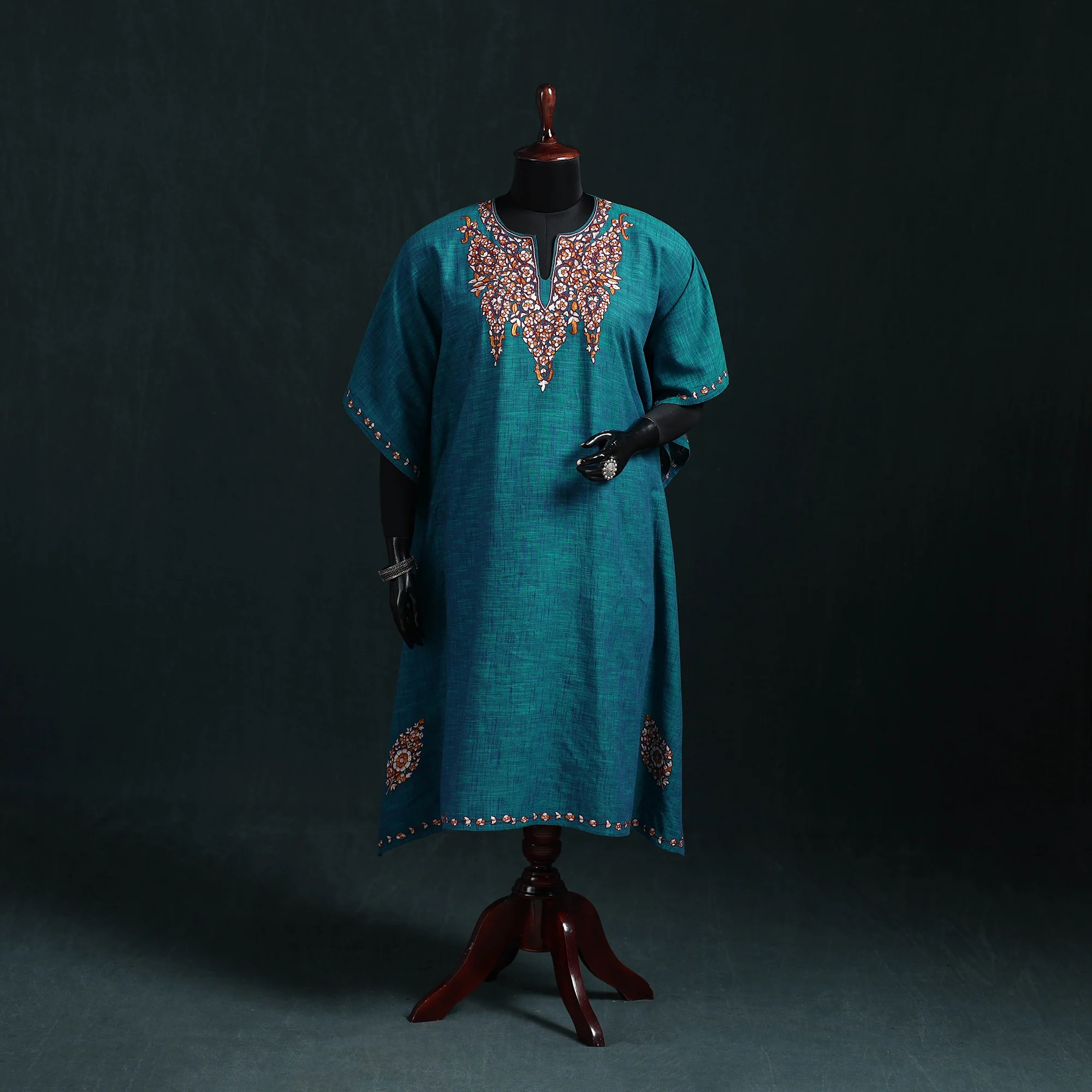 Blue - Kashmiri Kashida Hand Embroidered Cotton Kaftan (Medium) 26