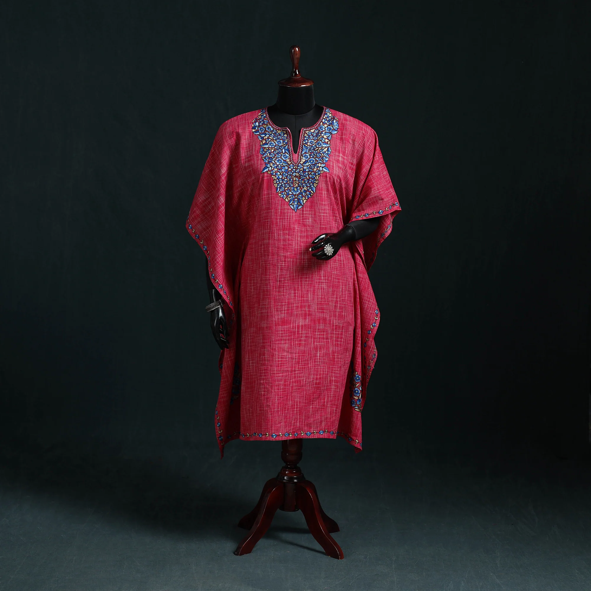 Pink - Kashmiri Kashida Hand Embroidered Cotton Kaftan (Medium) 27