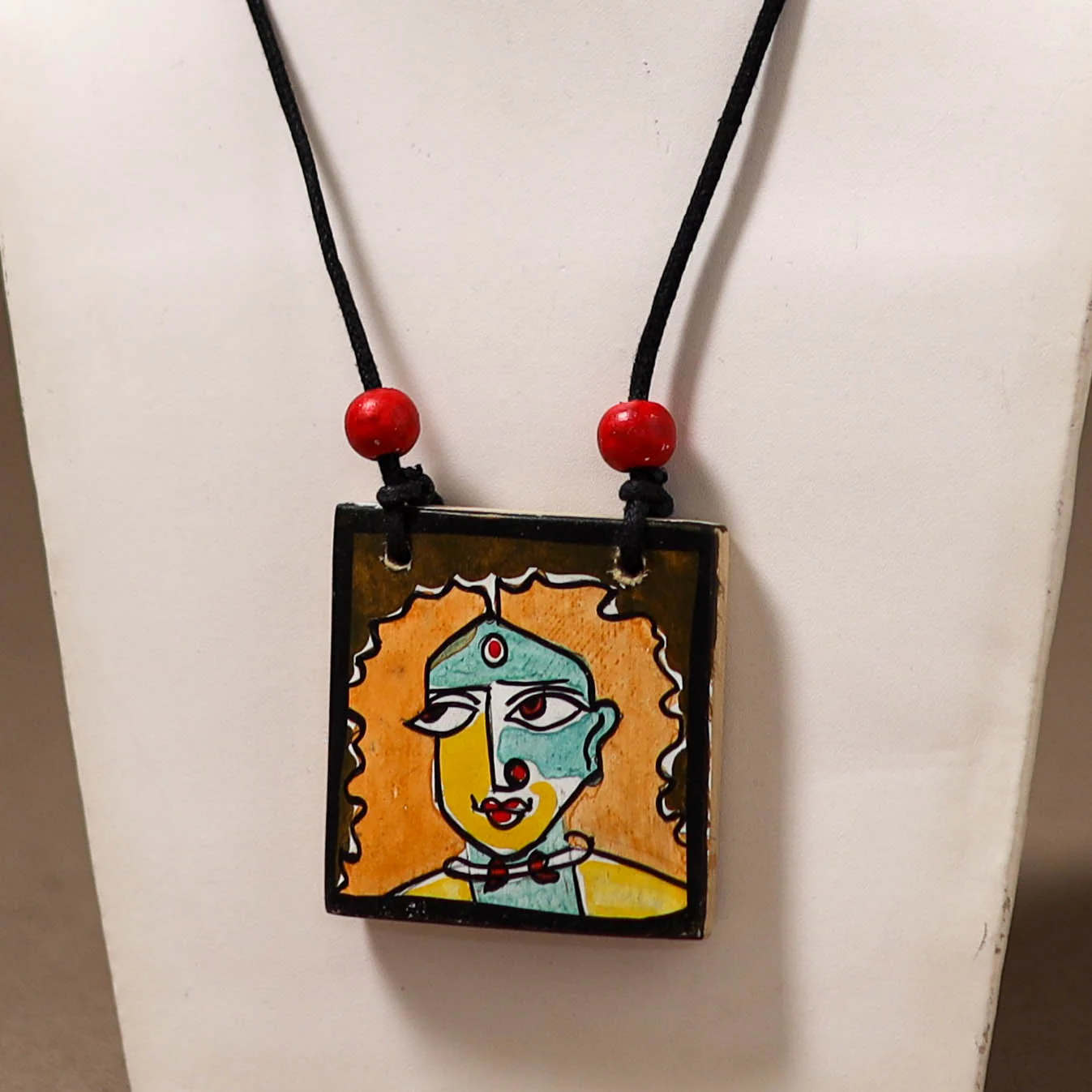 Kerala Mural Handpainted Bamboo Necklace 176 - Image 2
