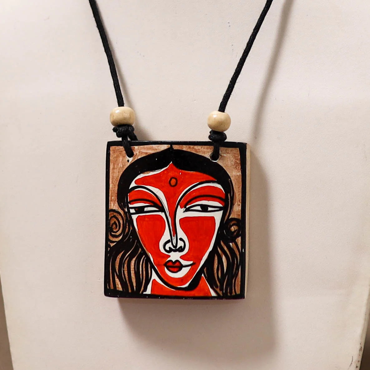 Kerala Mural Handpainted Bamboo Necklace 199 - Image 2