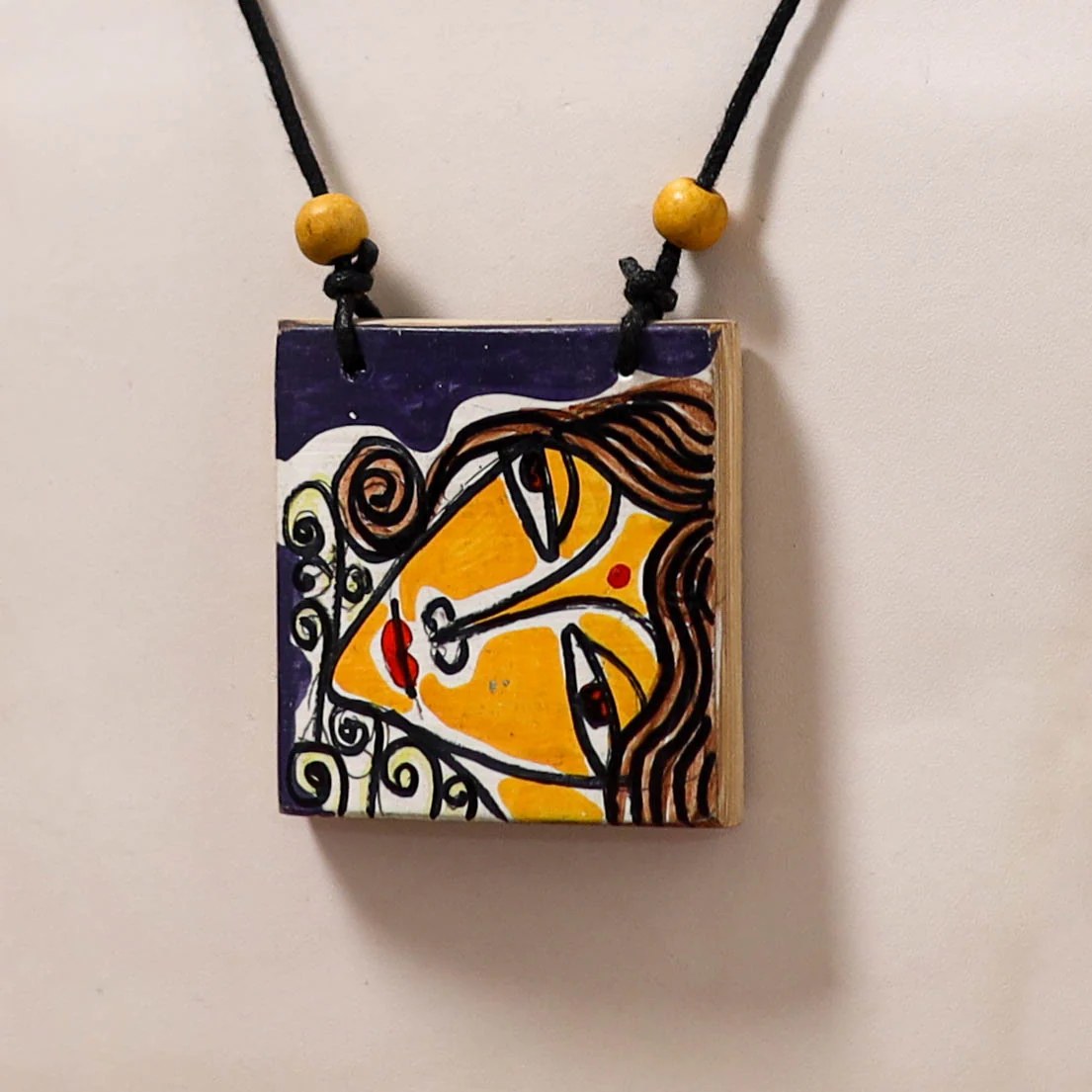 Kerala Mural Handpainted Bamboo Necklace 206 - Image 2