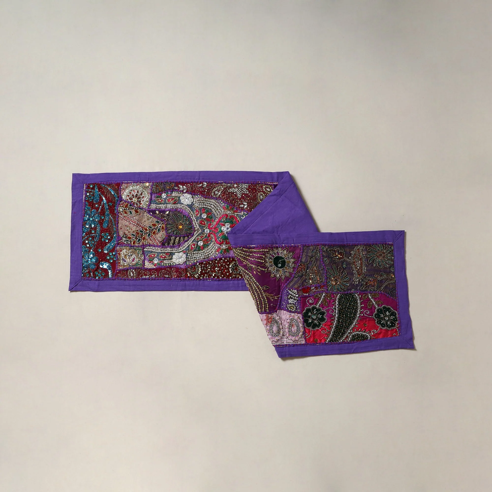 Purple - Khambadiya Patchwork Beadwork Table Runner (60 x 16 in) 08
