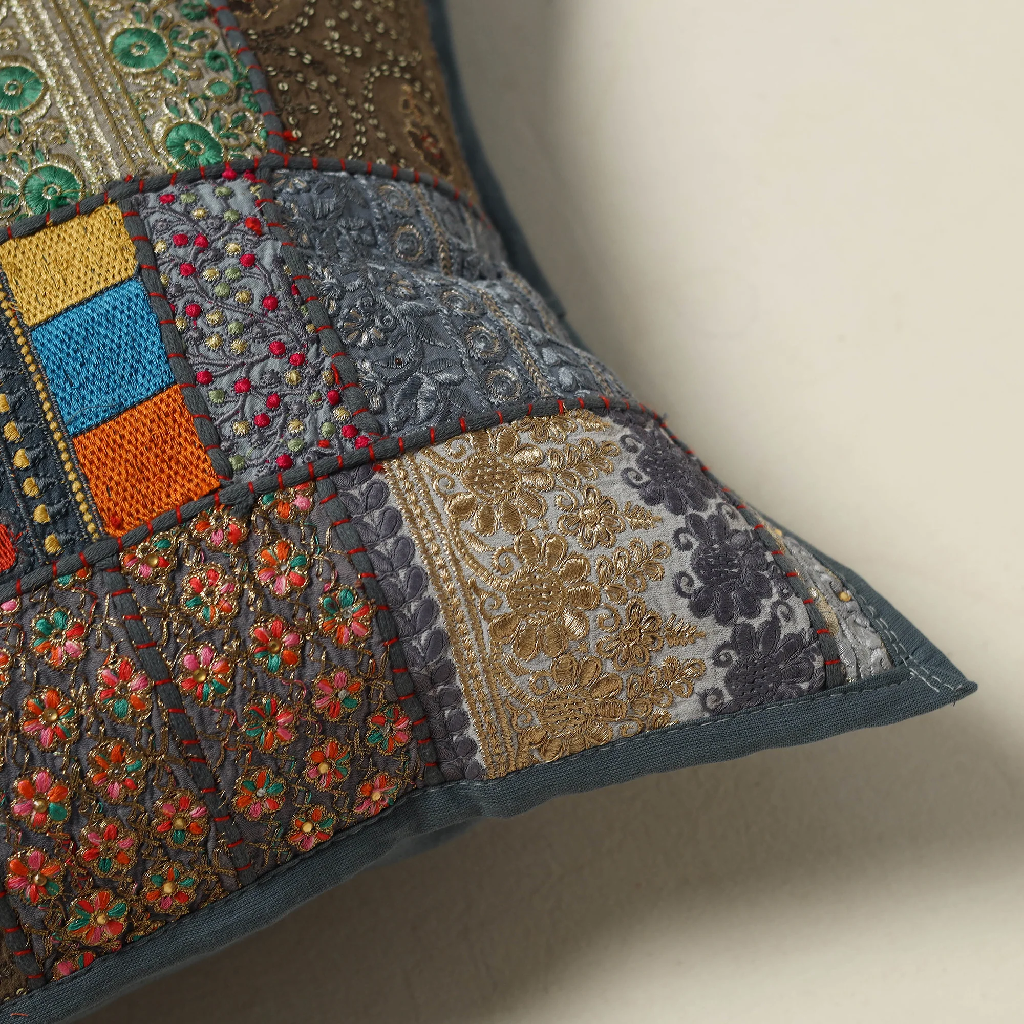 Khambadiya Patchwork Hand Embroidered Cushion Cover 13 - Image 2