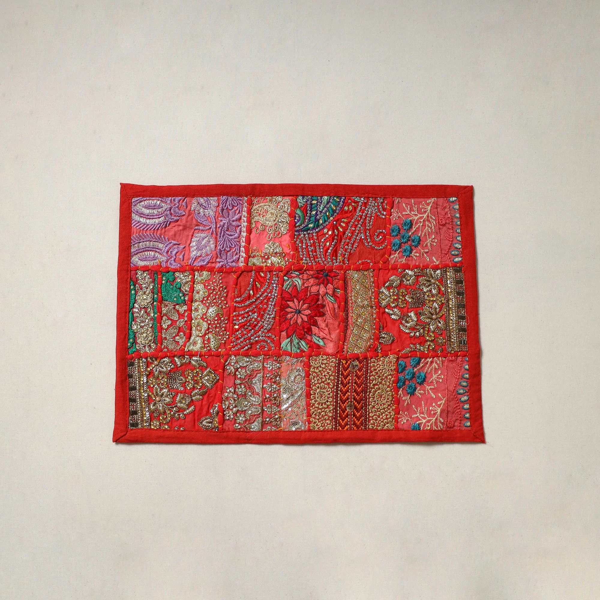 Red - Khambadiya Patchwork Table Mat (12 x 18 in) 12