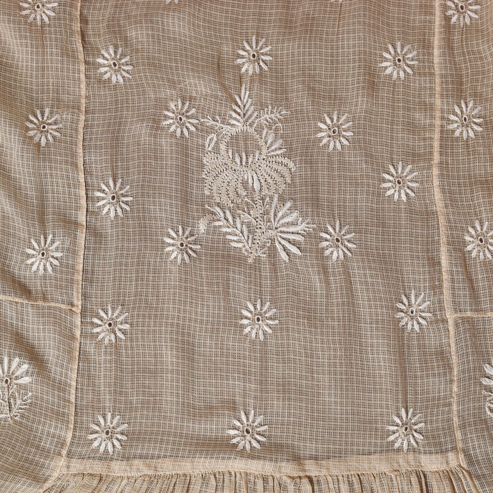 Beige - Kota Doria Chanderi Semi Stitched Chikankari Hand Embroidered Anarkali 2pc Kurta Set 05 - Image 5