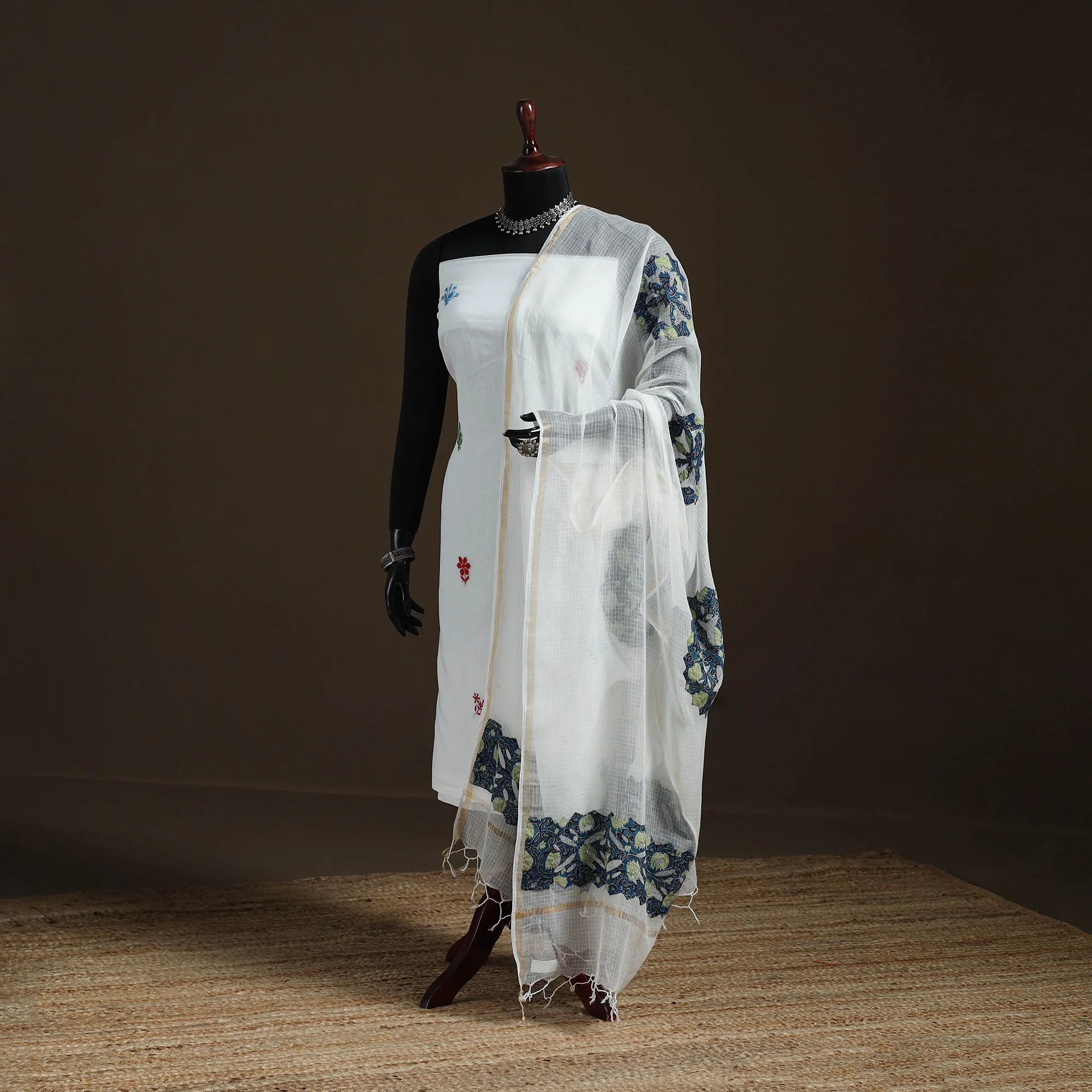 White - Kota Doria Cotton Barmer Applique Work Dupatta with Zari Border 11
