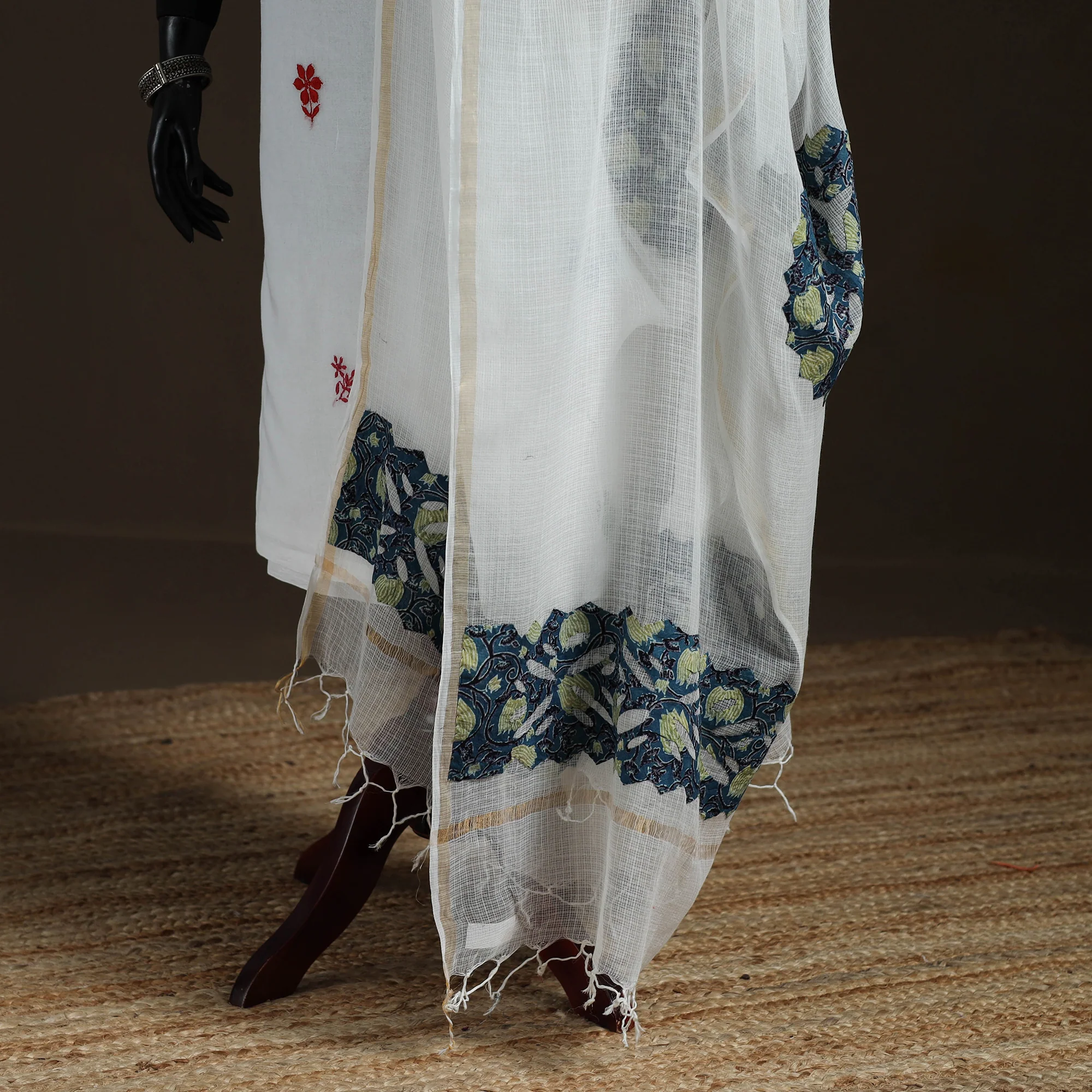 White - Kota Doria Cotton Barmer Applique Work Dupatta with Zari Border 11 - Image 4