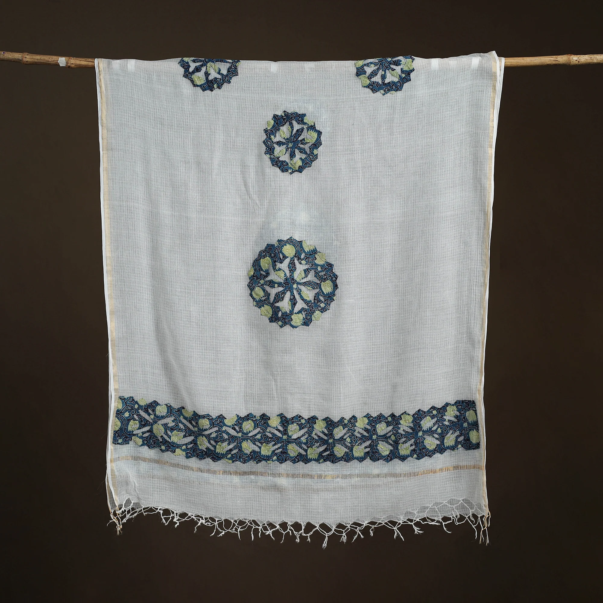 White - Kota Doria Cotton Barmer Applique Work Dupatta with Zari Border 11 - Image 5
