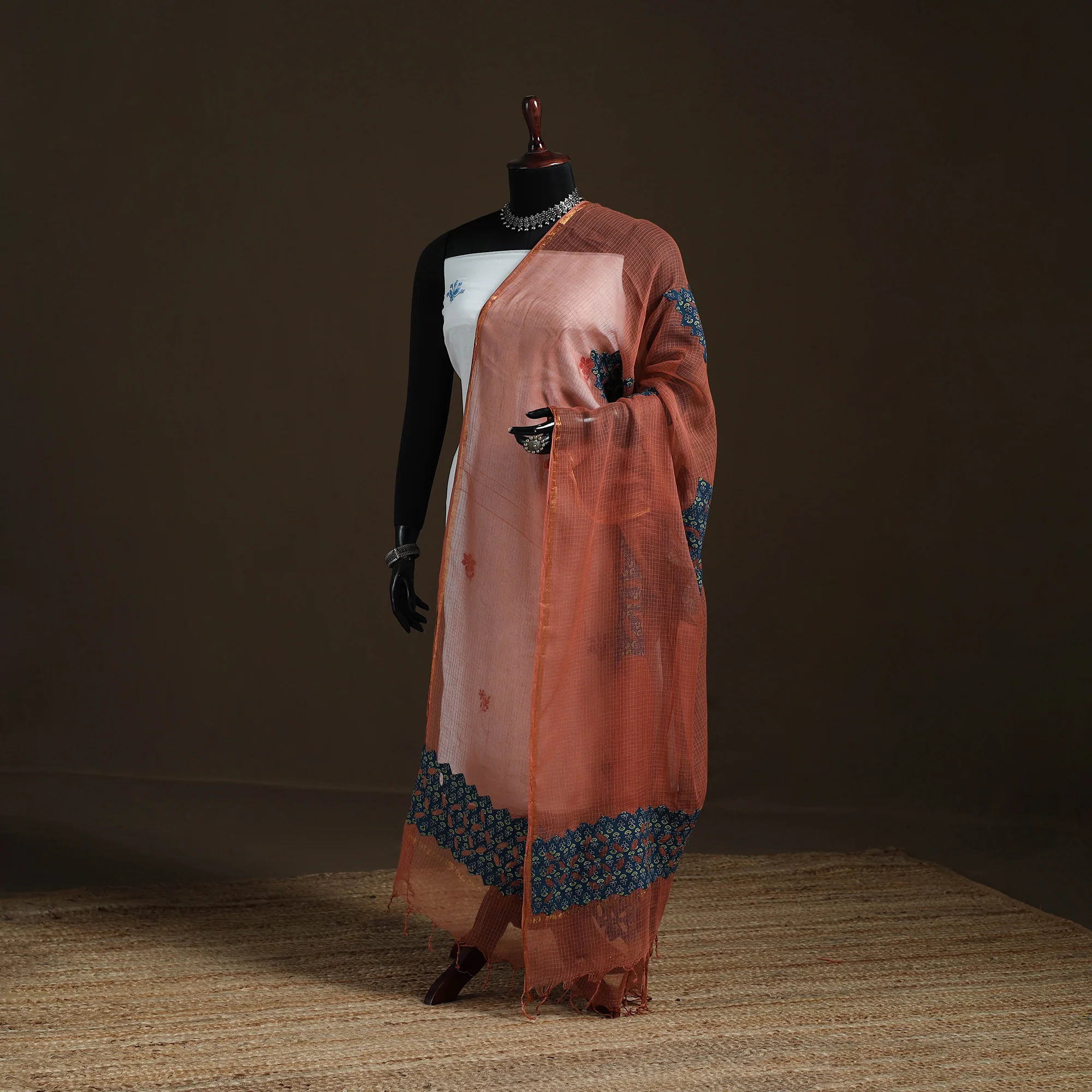 Orange - Kota Doria Cotton Barmer Applique Work Dupatta with Zari Border 12
